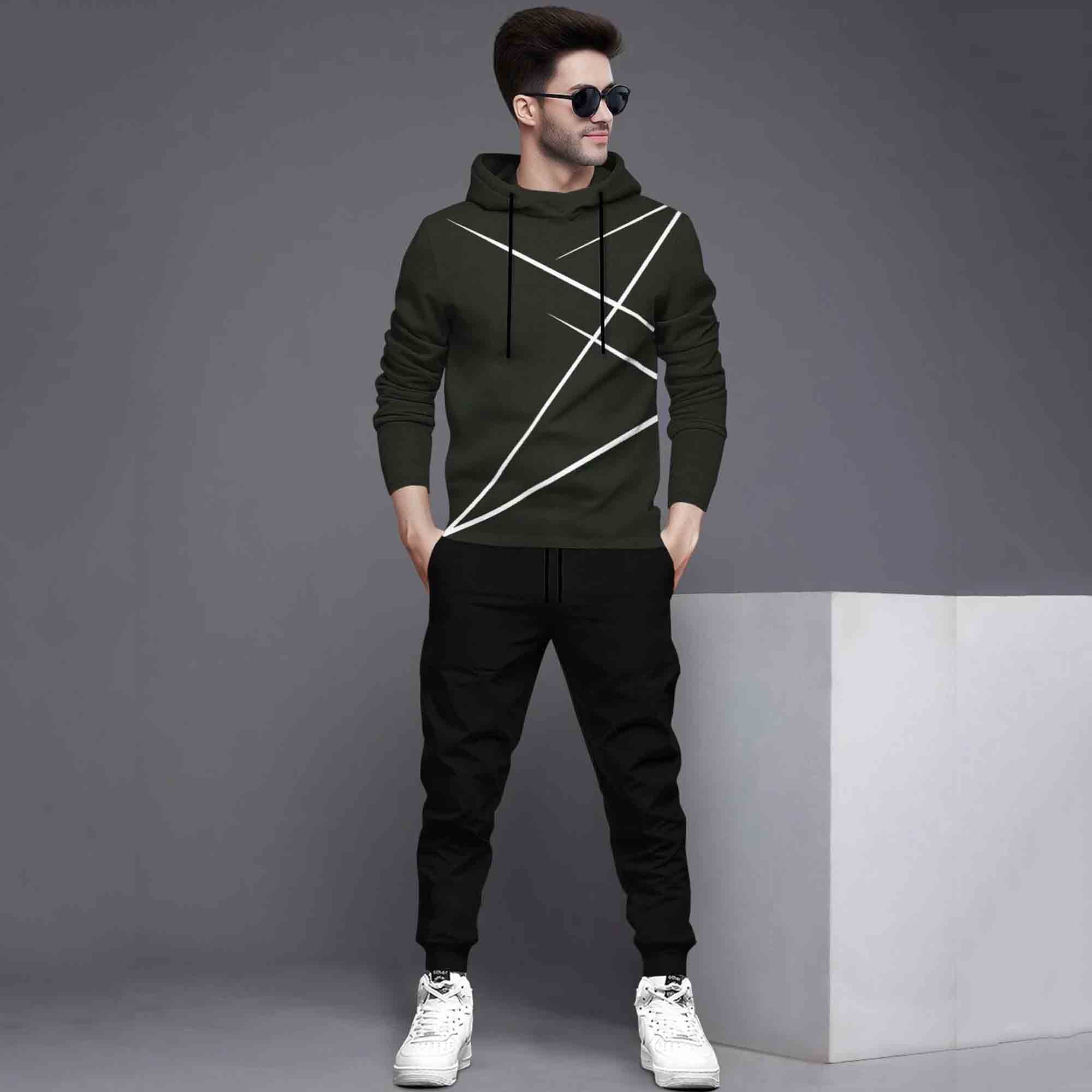 Full Sleeve ZigZag Parttern Olivegreen T-shirt With Matching Trackpant