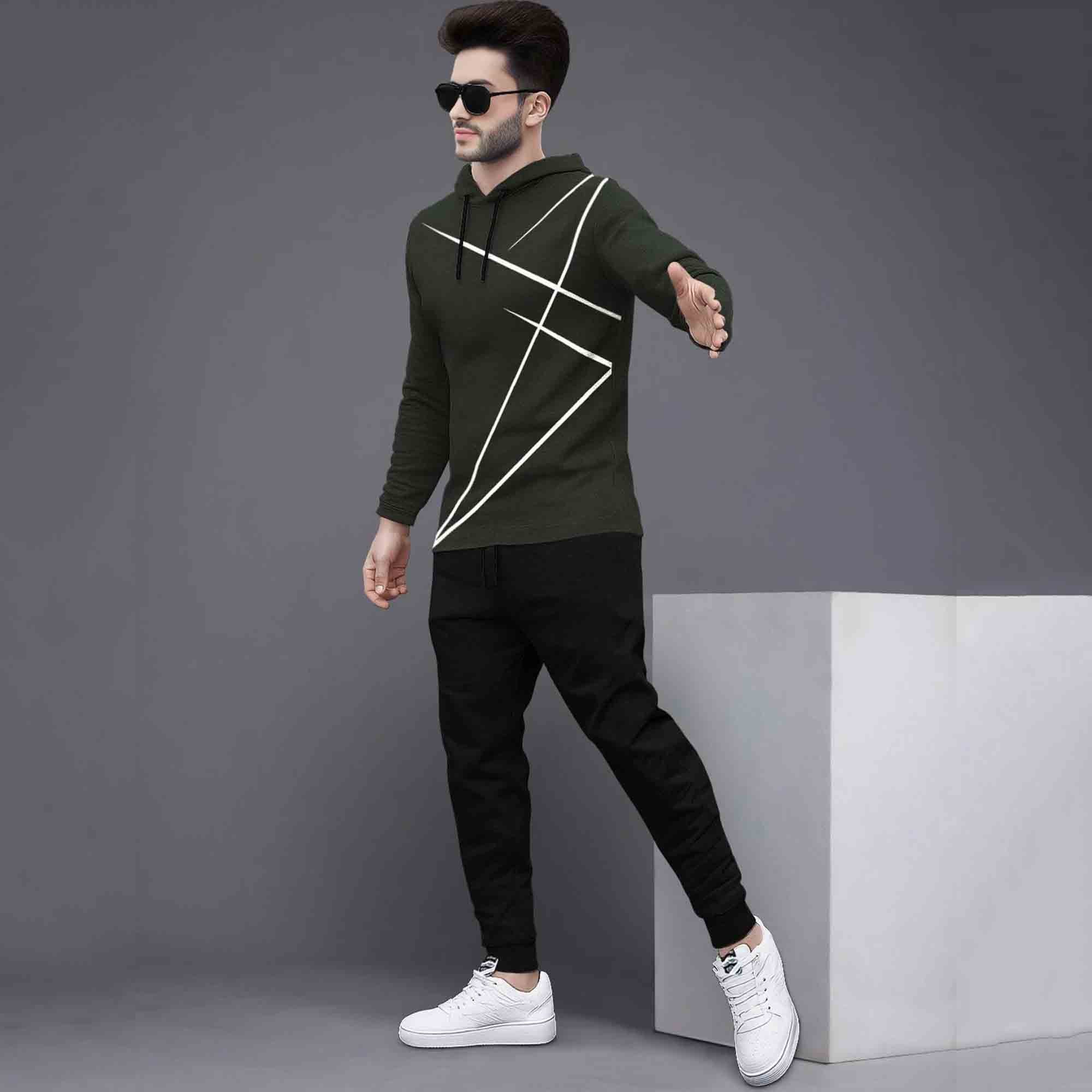 Full Sleeve ZigZag Parttern Olivegreen T-shirt With Matching Trackpant