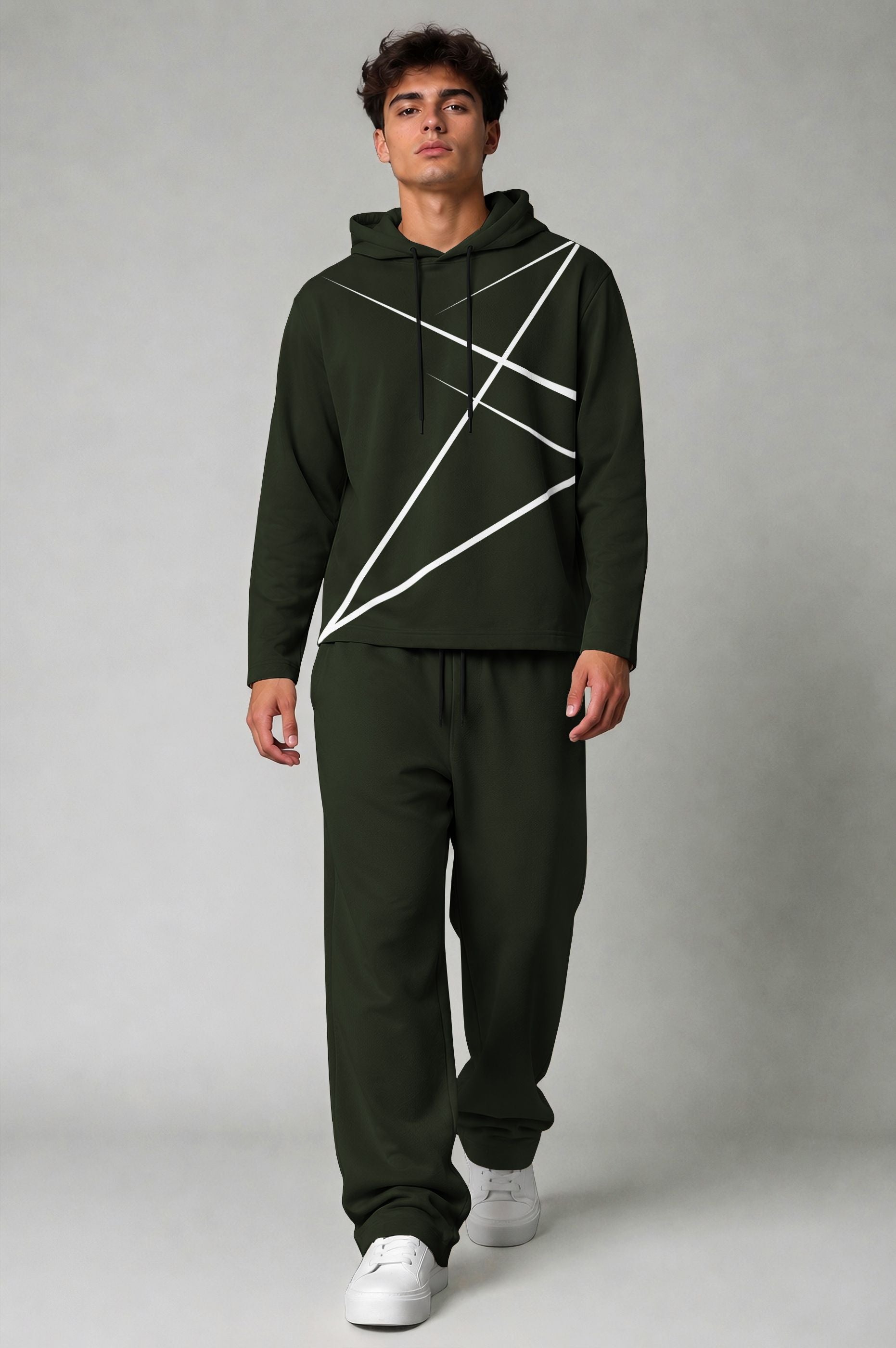 Mens Geometric Graphic Printed Hooded T-shirt And Plain Baggy Trackpant Outfit Set