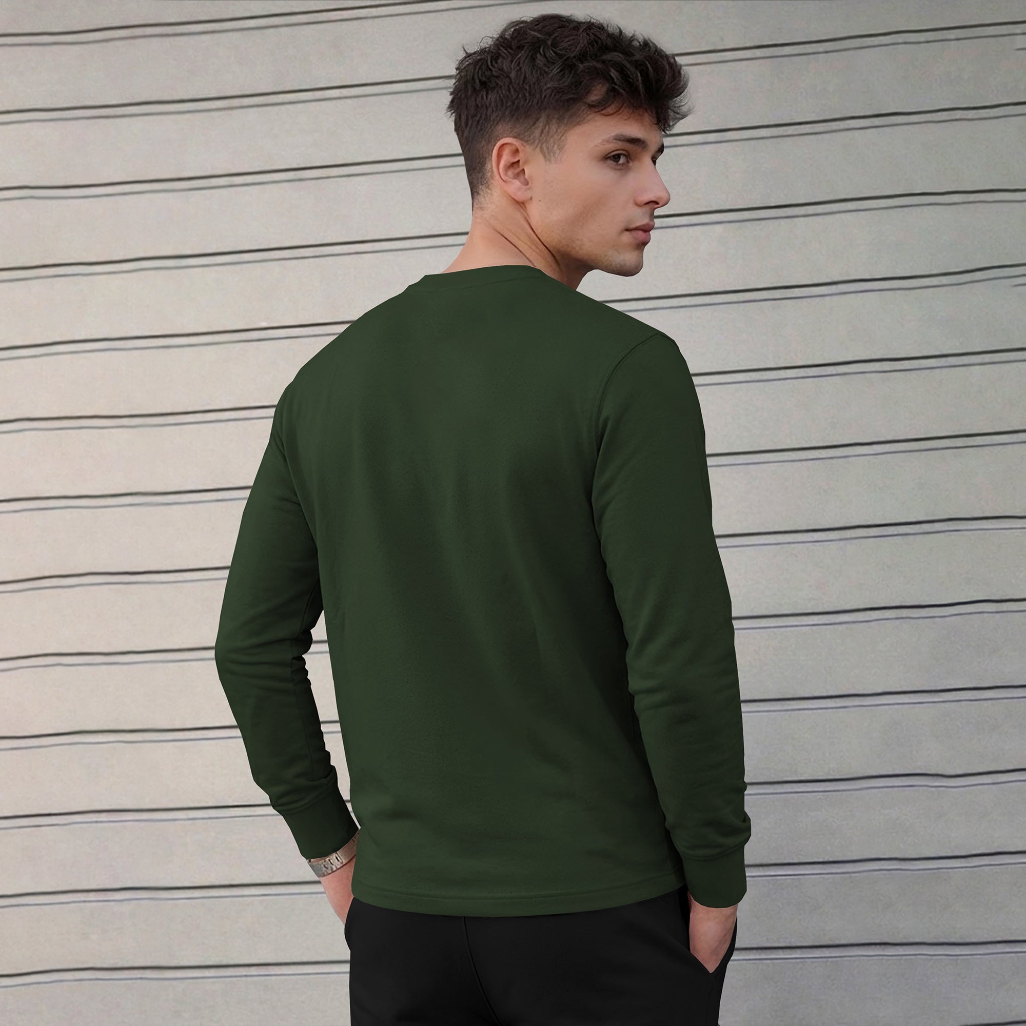 Mens Full Sleeve Round Neck Olive Green T-shirt
