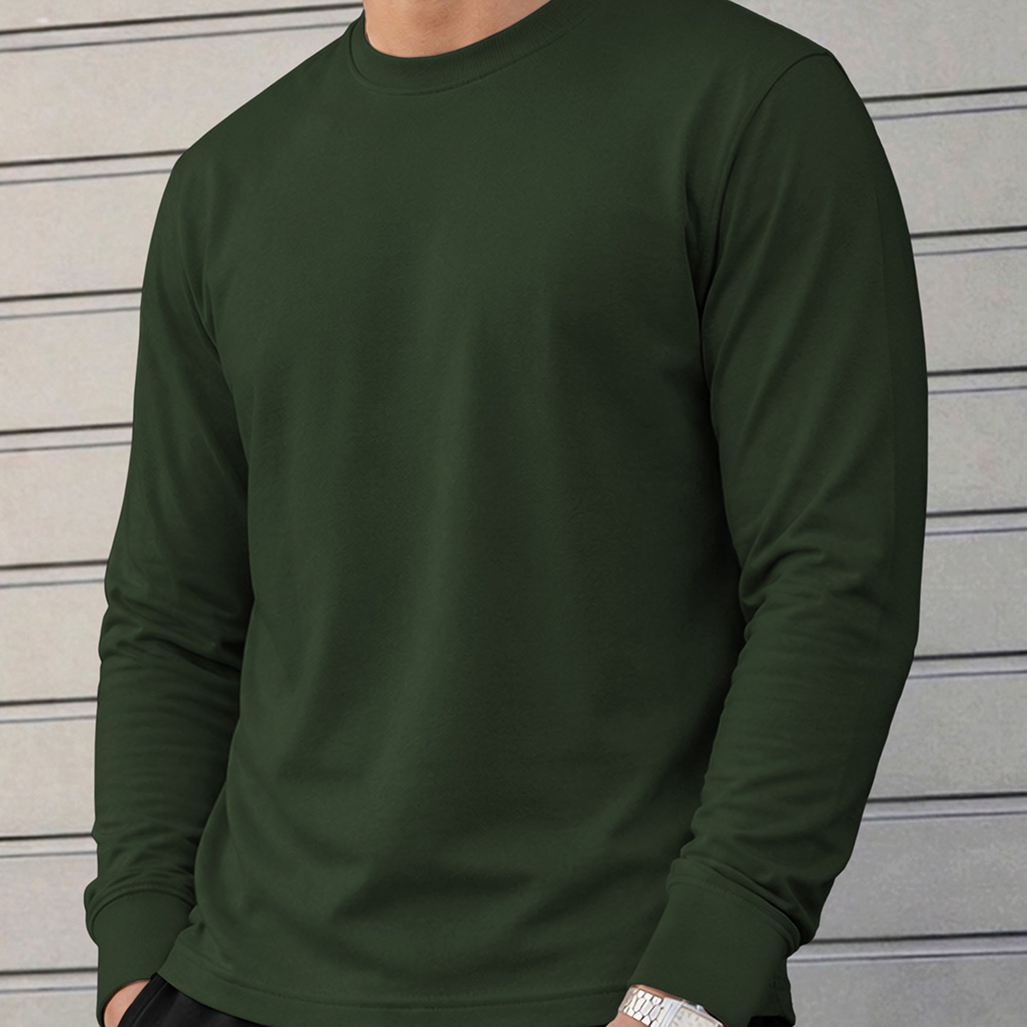 Mens Full Sleeve Round Neck Olive Green T-shirt