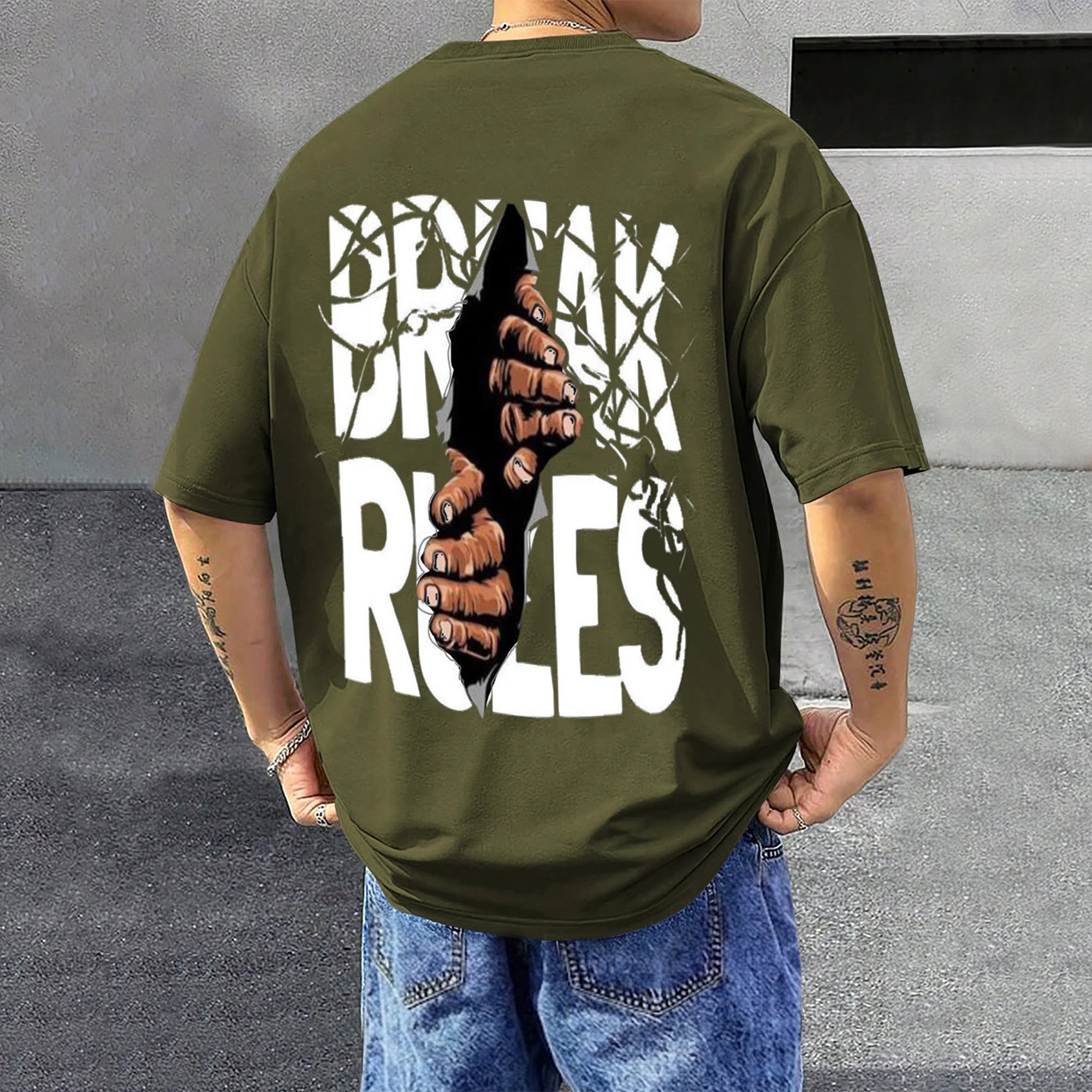 Men’s Oversized Graphic Design Back Printed T-Shirt Olivegreen