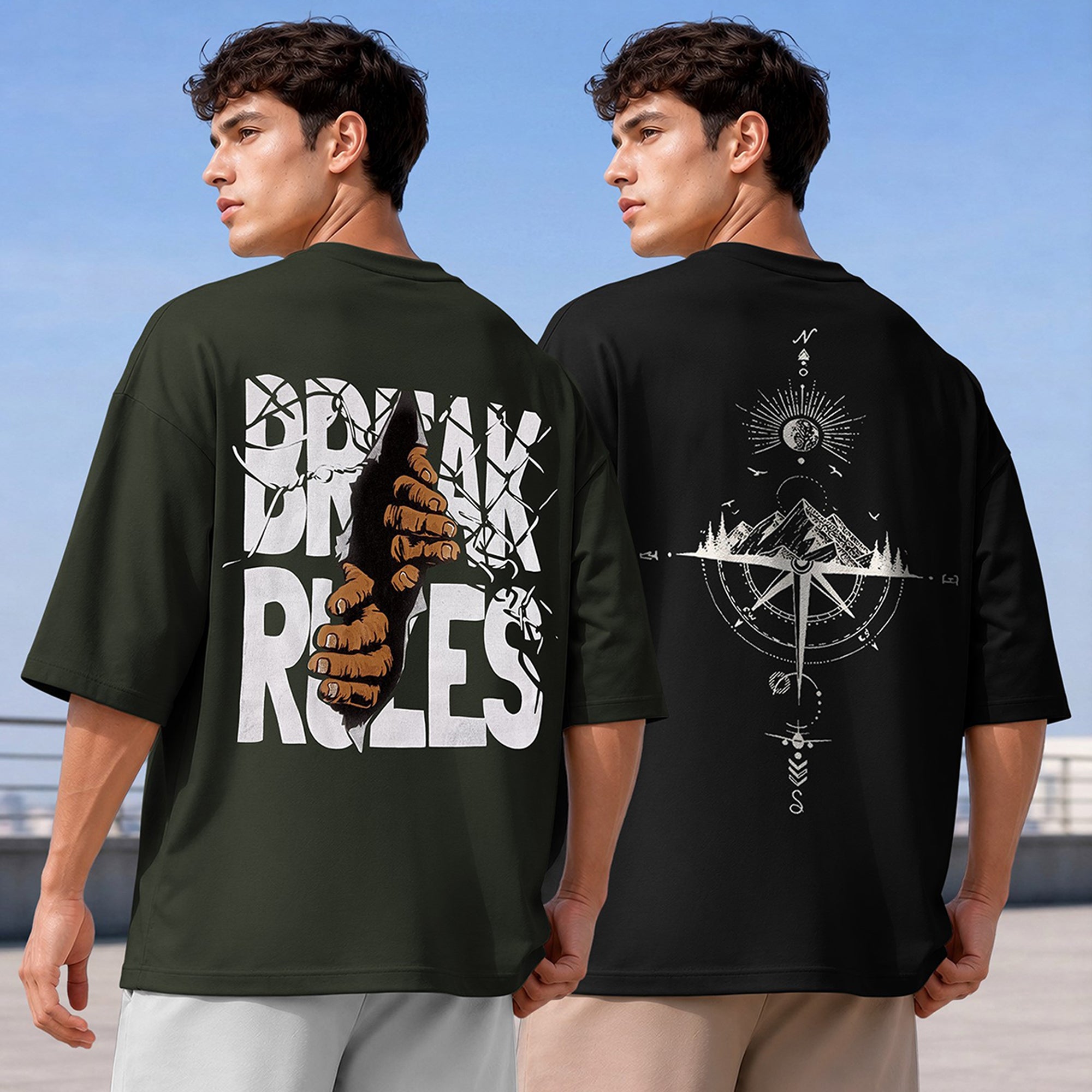 (Pack Of 2) Men Designing Back Printed Oversized T-shirts