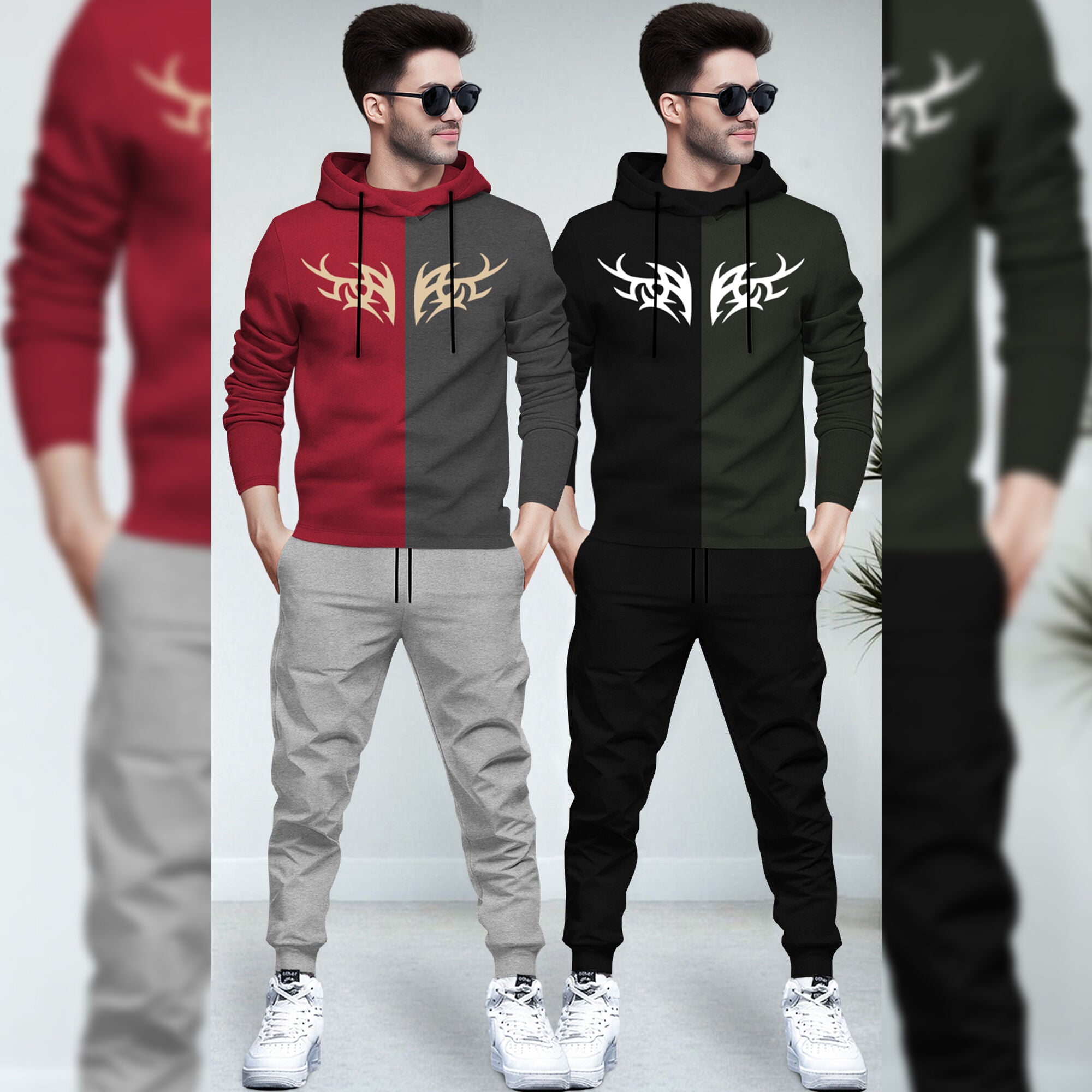 (Pack Of 2) Printed Tracksuit Red & Black Hooded T-shirts - Matching Plain Trackpants