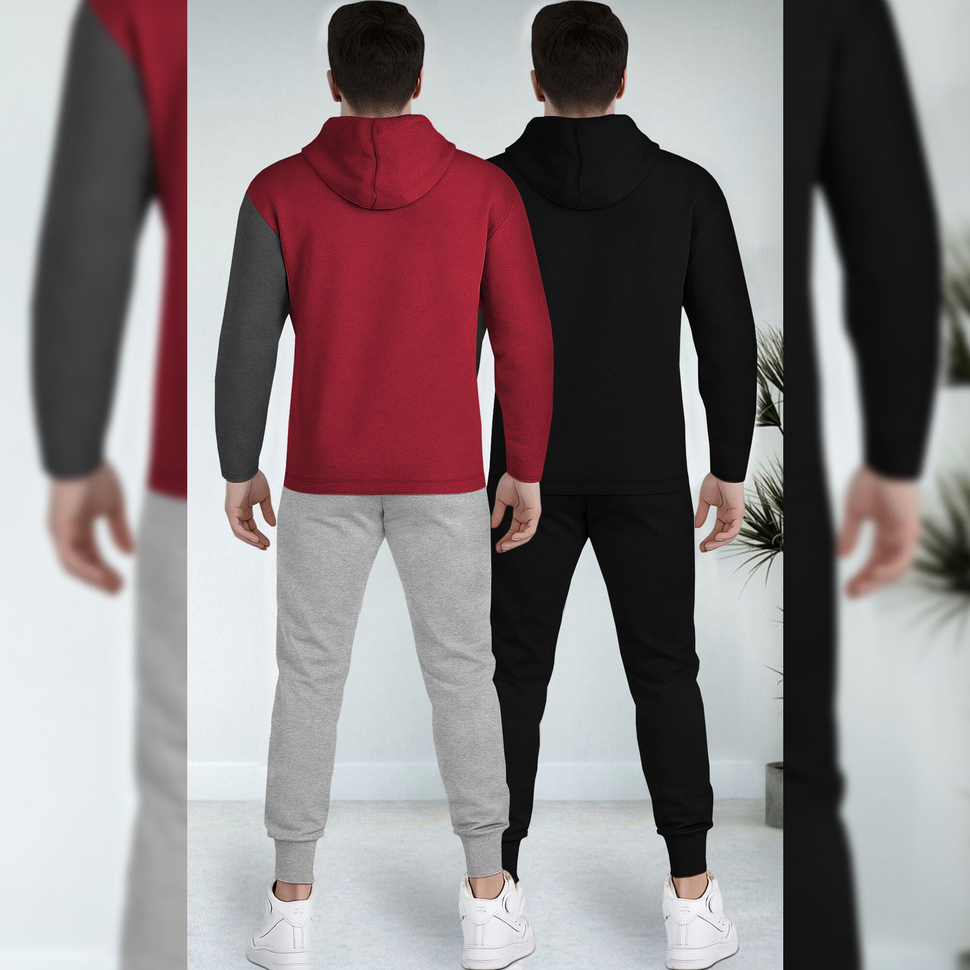 (Pack Of 2) Printed Tracksuit Red & Black Hooded T-shirts - Matching Plain Trackpants
