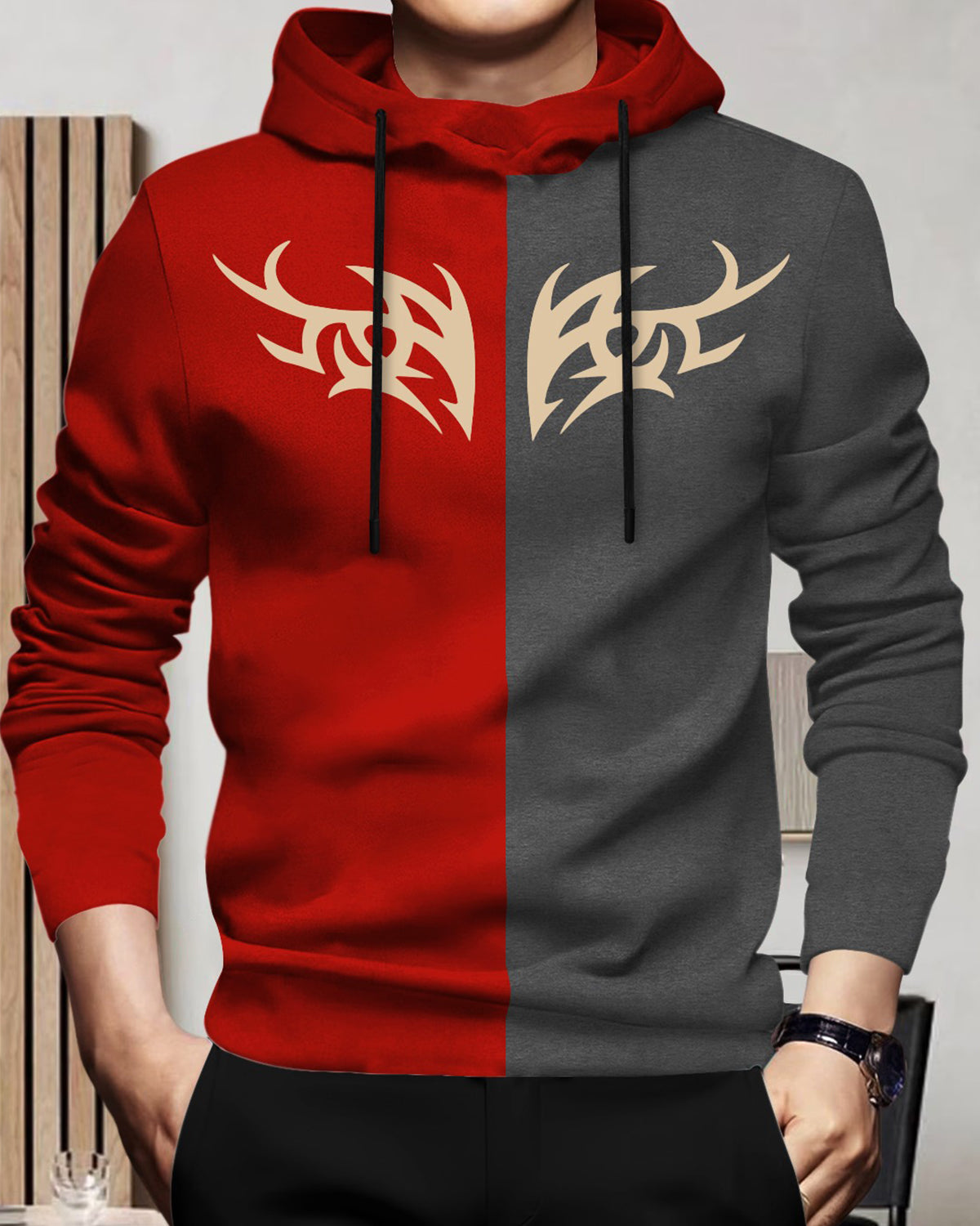 Mens Full Sleeve Hooded Neck Dual Color Printed T-shirt - 7 Variants