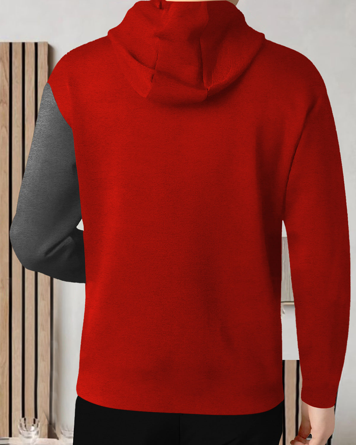 Mens Full Sleeve Hooded Neck Dual Color Printed T-shirt / Red & Darkgrey
