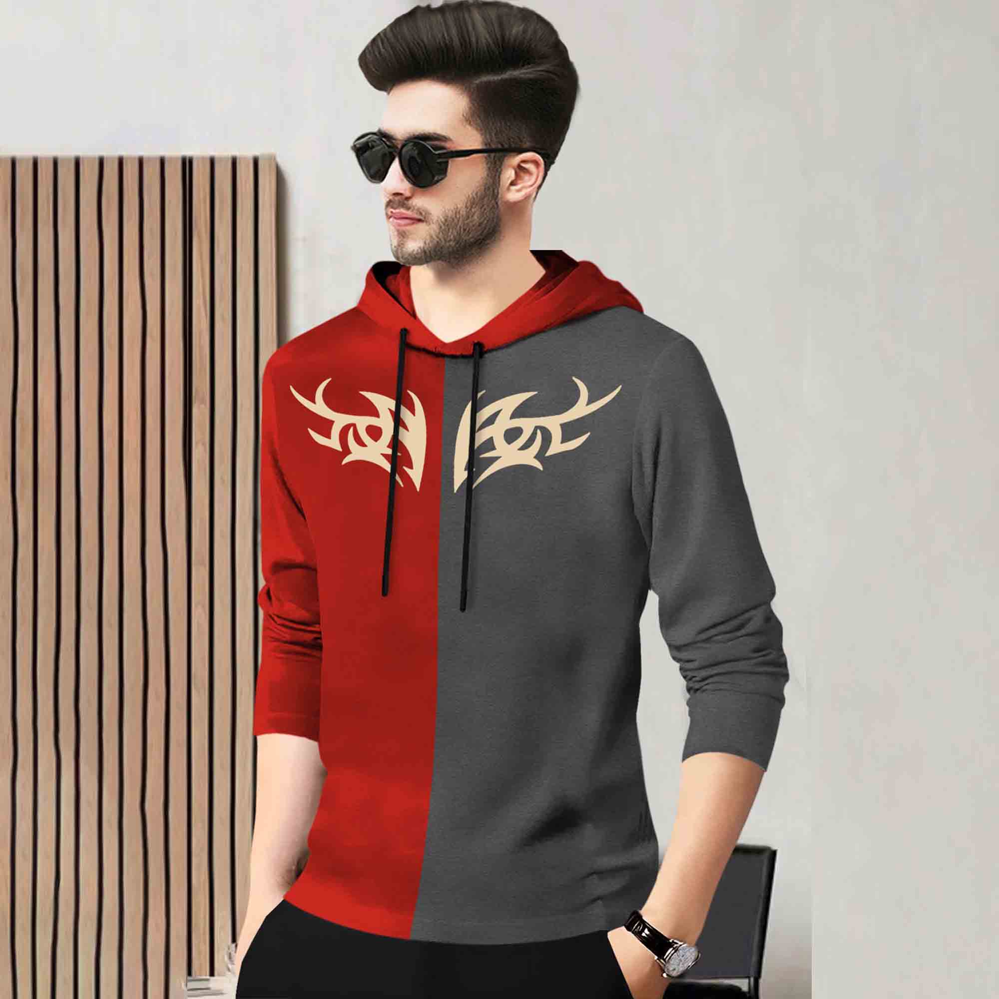 Mens Full Sleeve Hooded Neck Dual Color Printed T-shirt / Red & Darkgrey