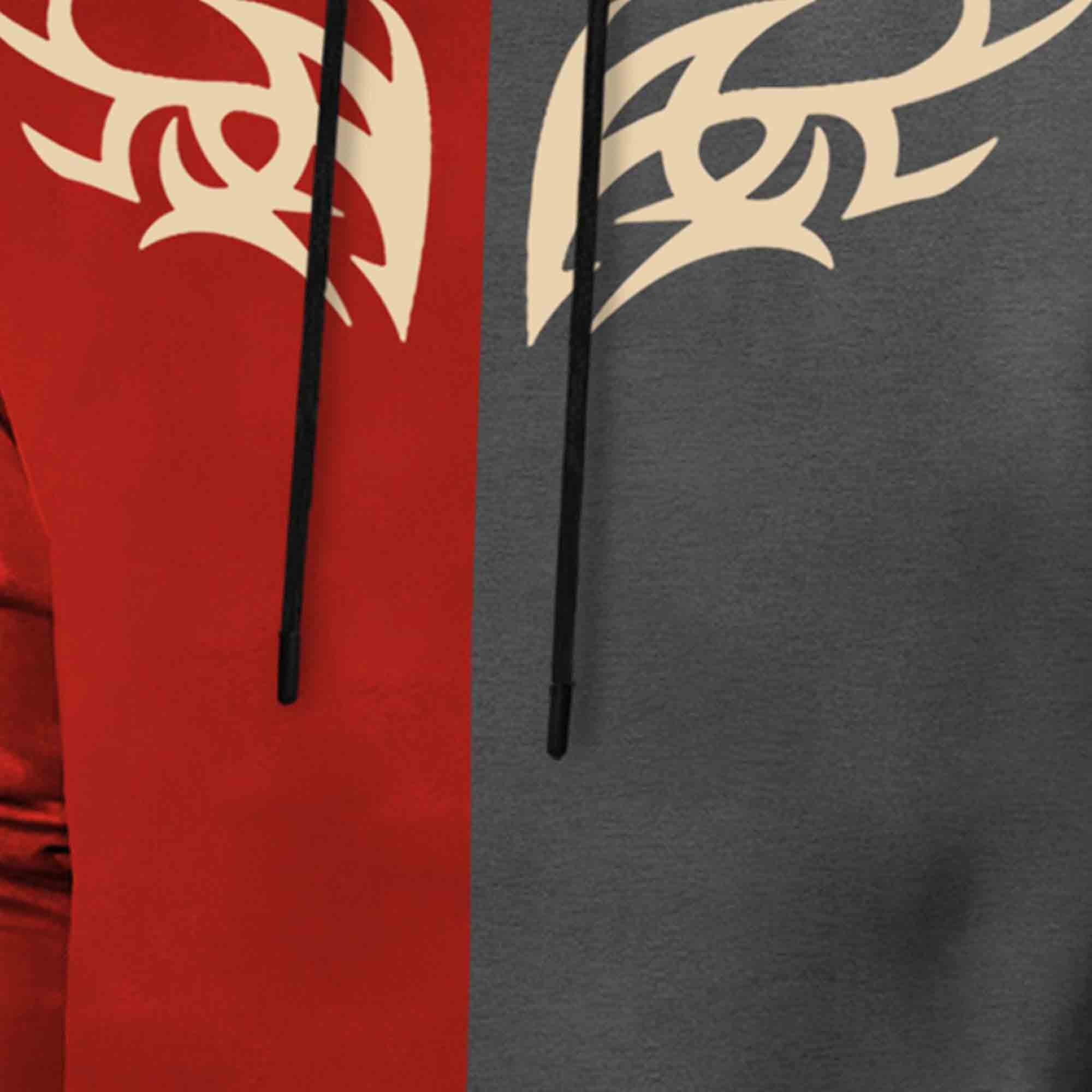 Mens Full Sleeve Hooded Neck Dual Color Printed T-shirt / Red & Darkgrey