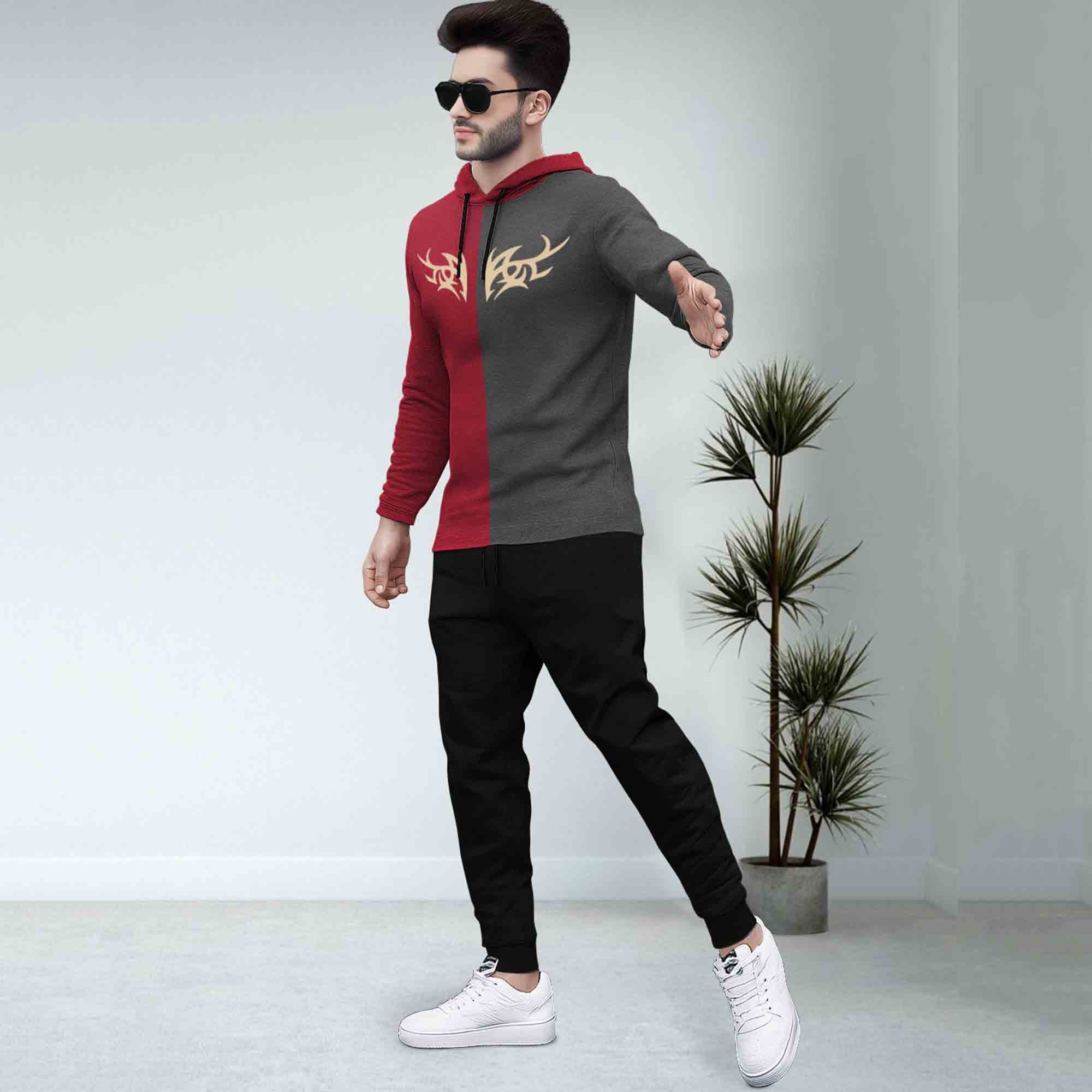 Dual Color Red & Darkgrey T-shirt With Matching TrackPant Hoodie Tracksuit