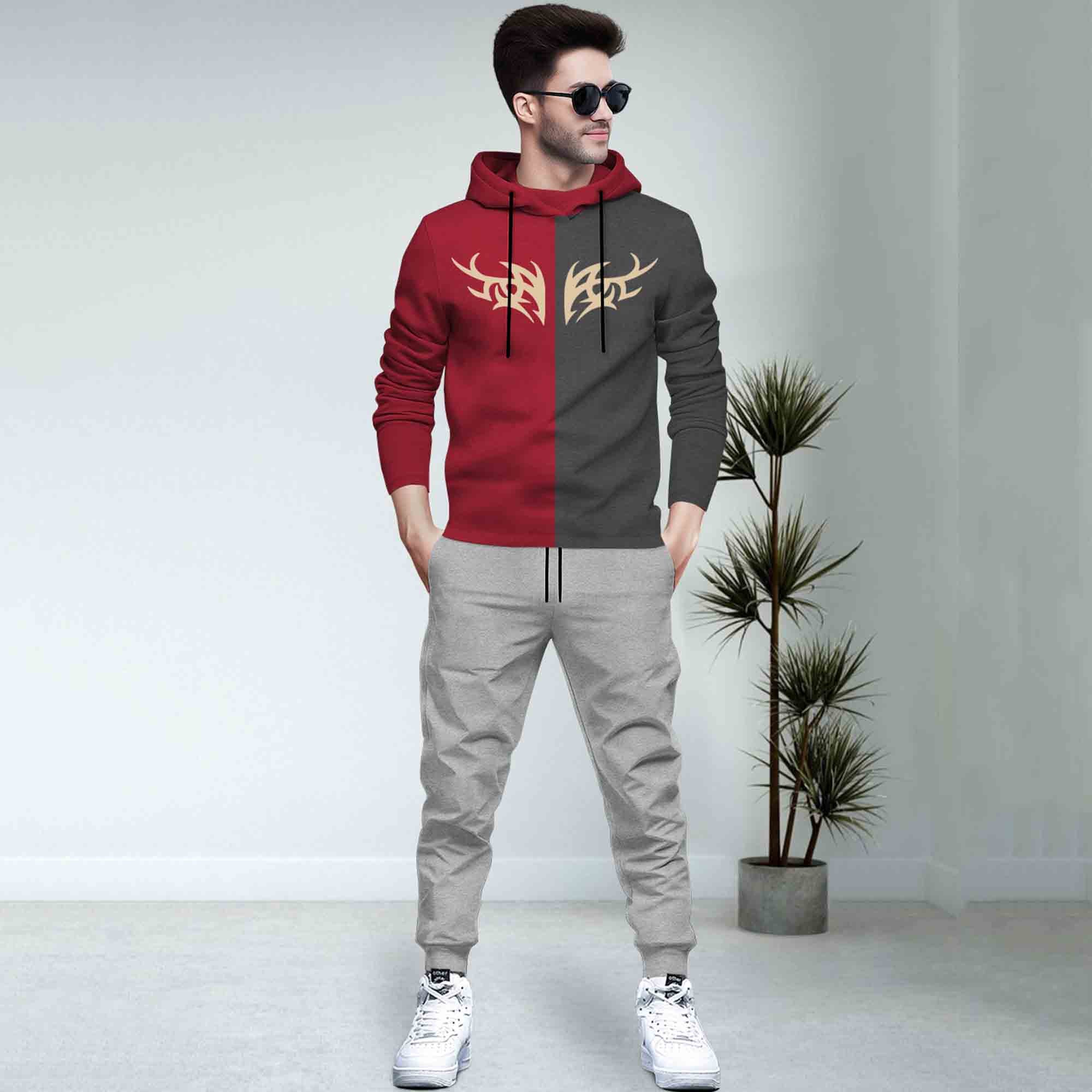 Dual Color Red T-shirt With Matching Grey TrackPant Hoodie Tracksuit