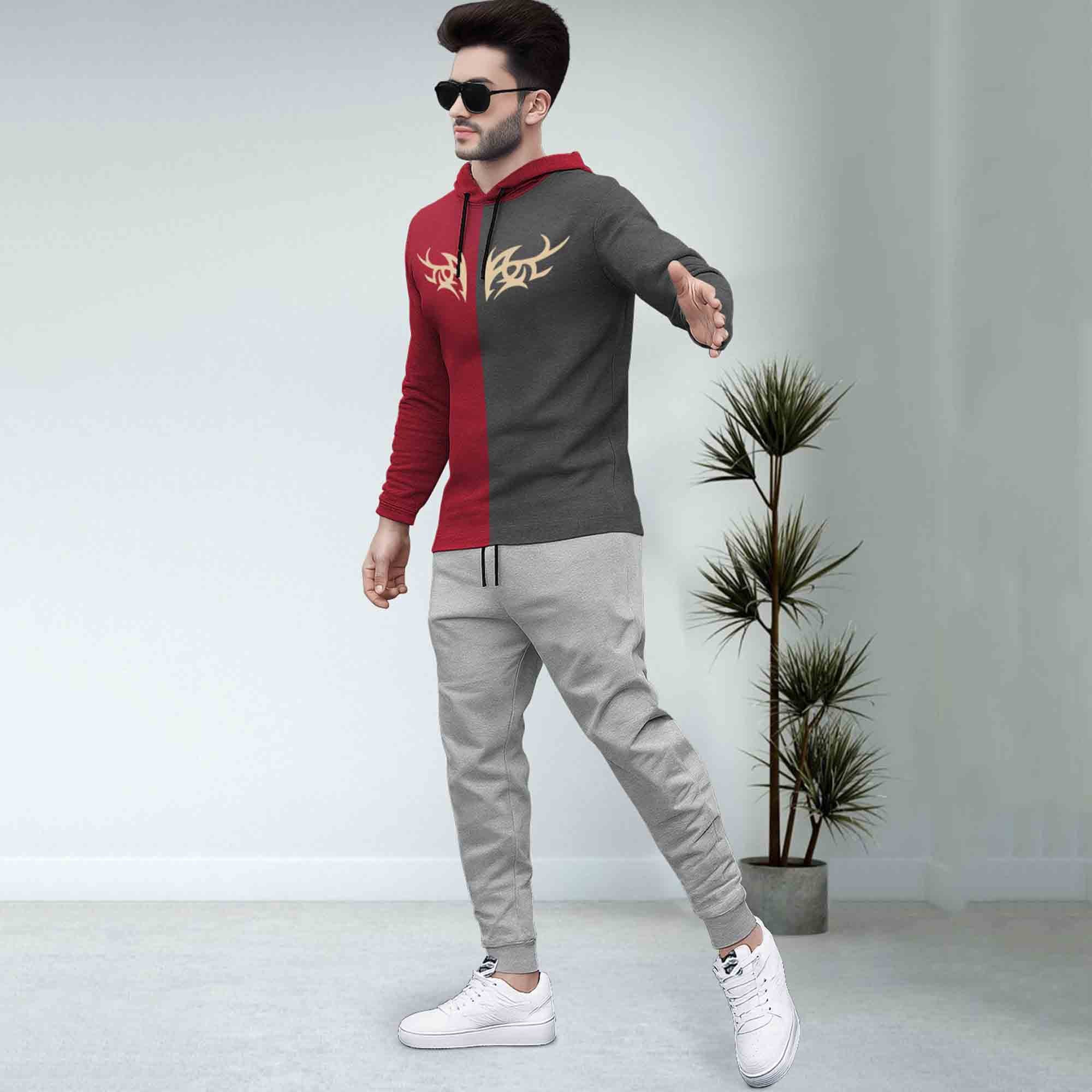 Dual Color Red T-shirt With Matching Grey TrackPant Hoodie Tracksuit