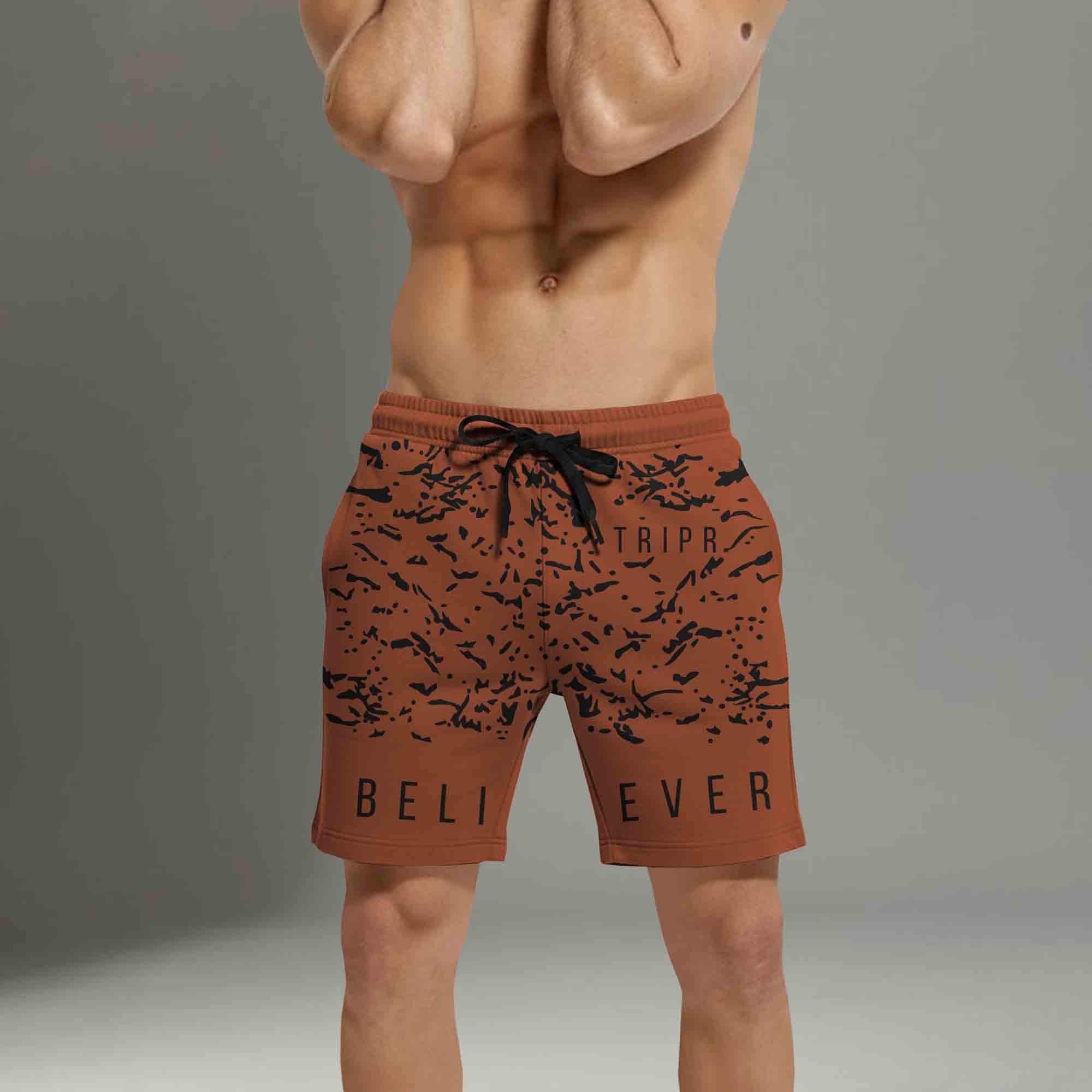 Men Slim Fit Brown Printed Shorts