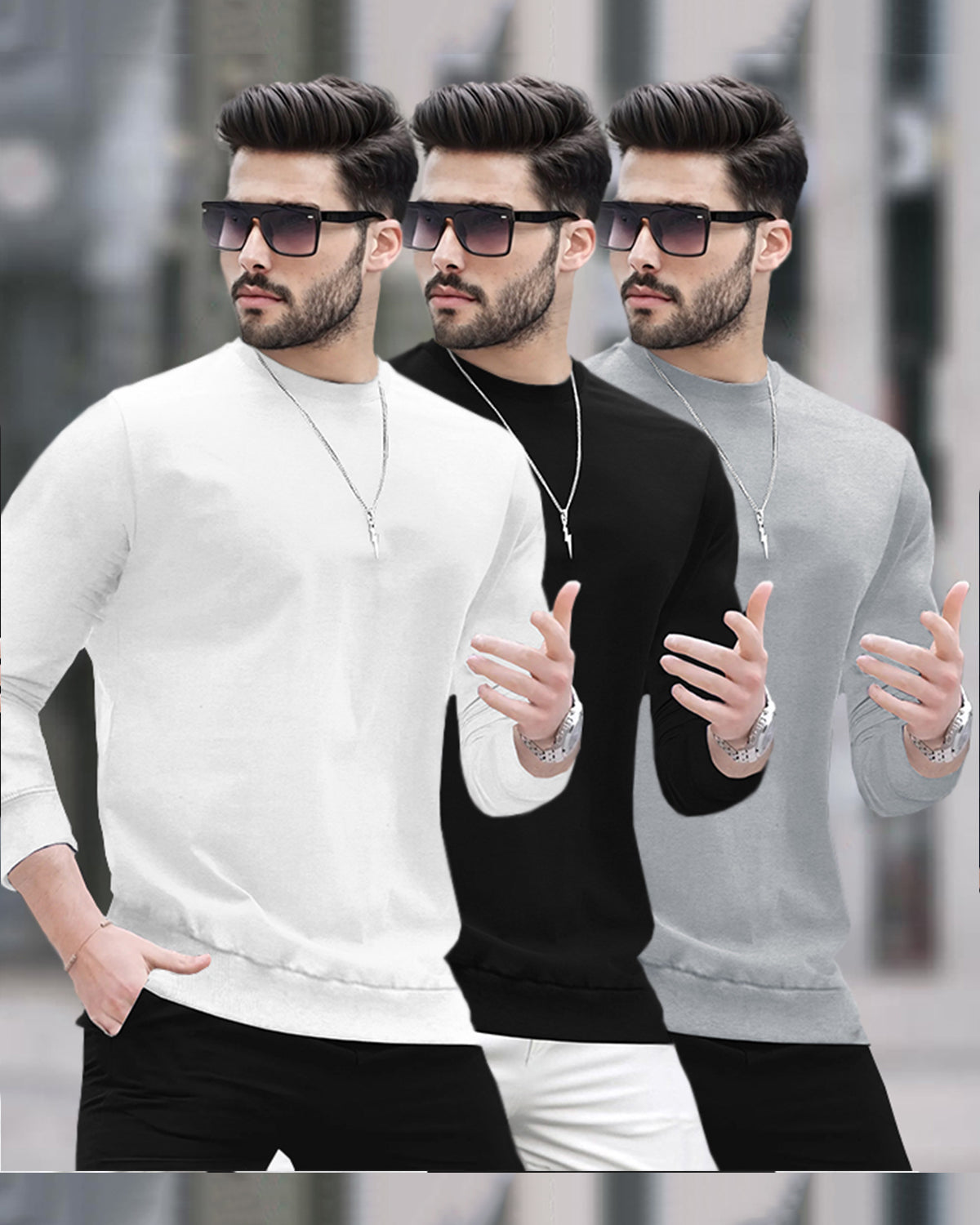 Mens Round Neck Full Sleeve Plain T-shirts (Pack Of 3)