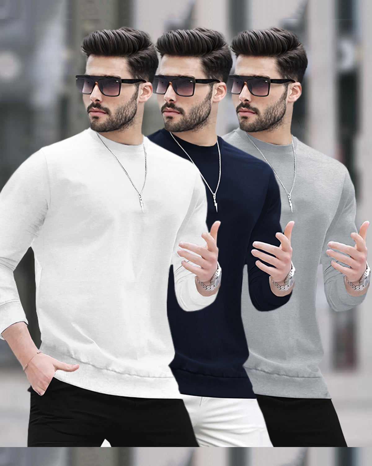 Mens Round Neck Full Sleeve Plain T-shirts (Pack Of 3)