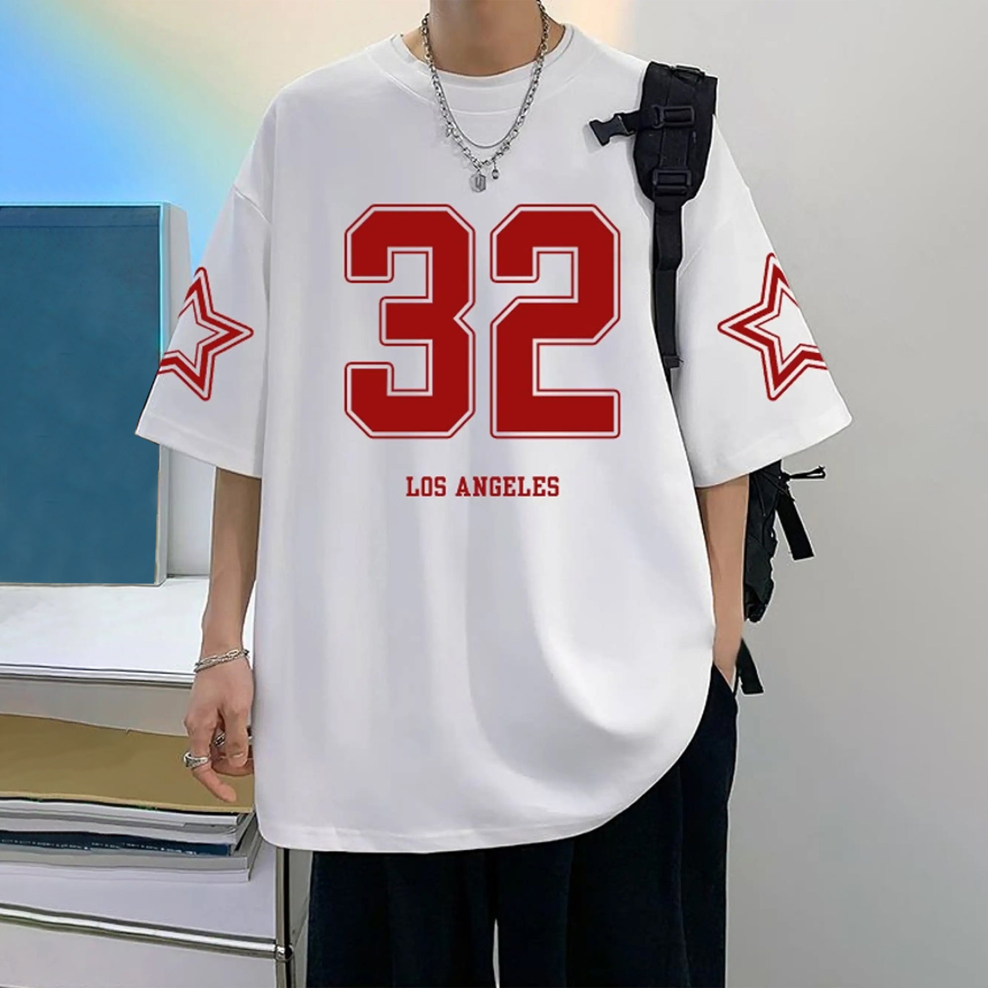 Men Oversized 'Los Angeles' Printed Tshirt White