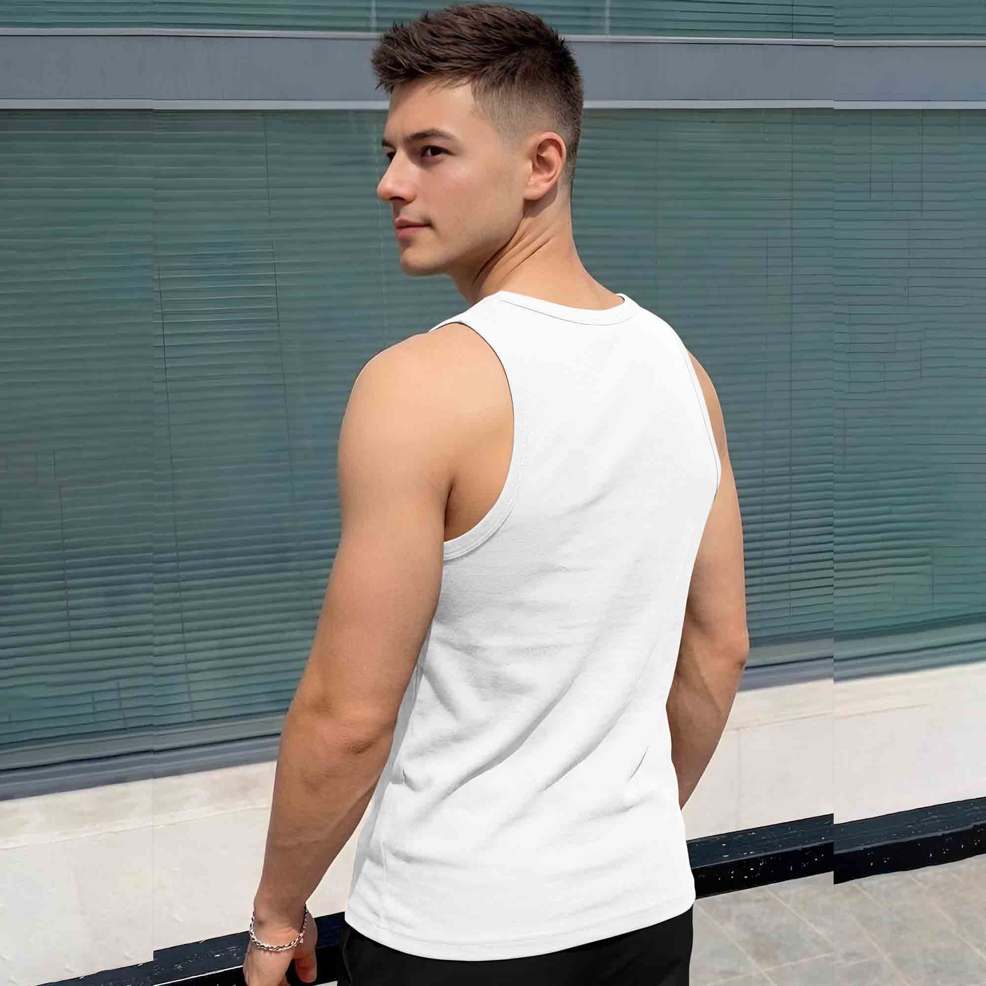 Men Scoop Neck Graphic Design Printed Vest White