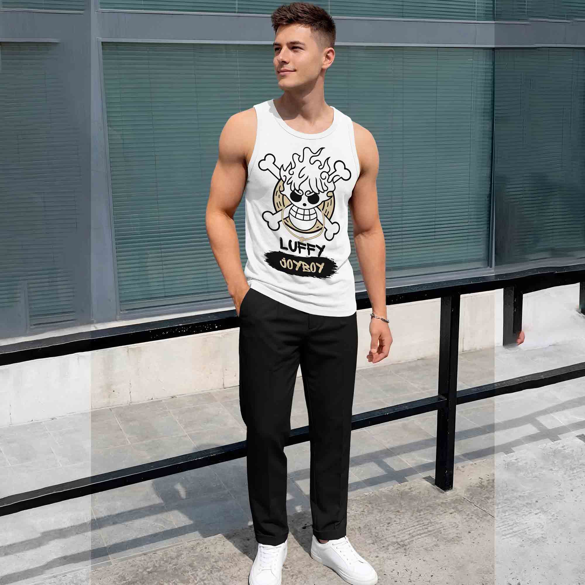 Men Scoop Neck Graphic Design Printed Vest White