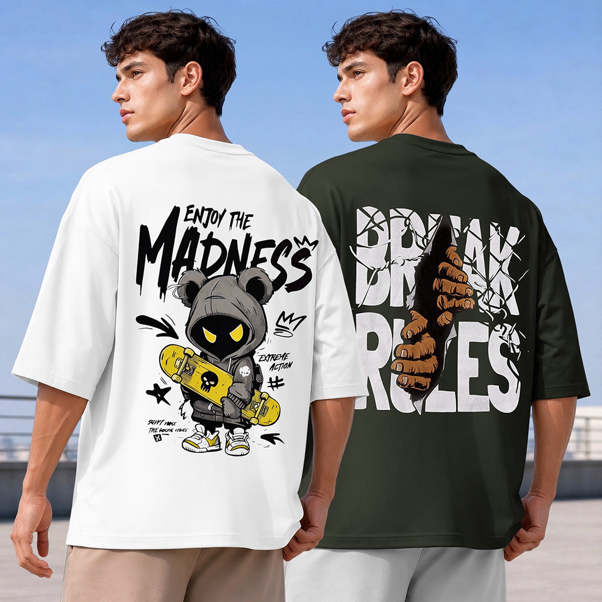 (Pack Of 2) Men Designing Back Printed Oversized T-shirts