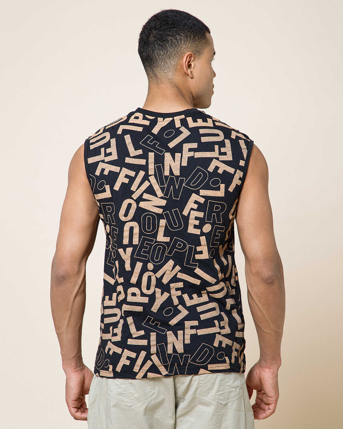 Men Printed Black Round Neck Top Vest