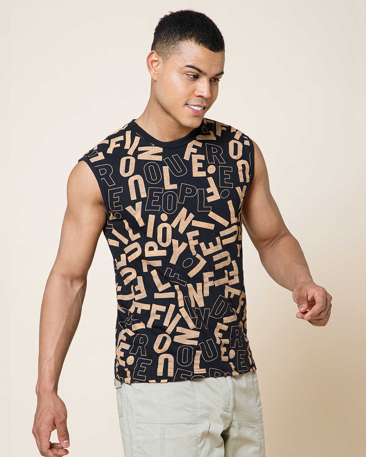 Men Printed Black Round Neck Top Vest