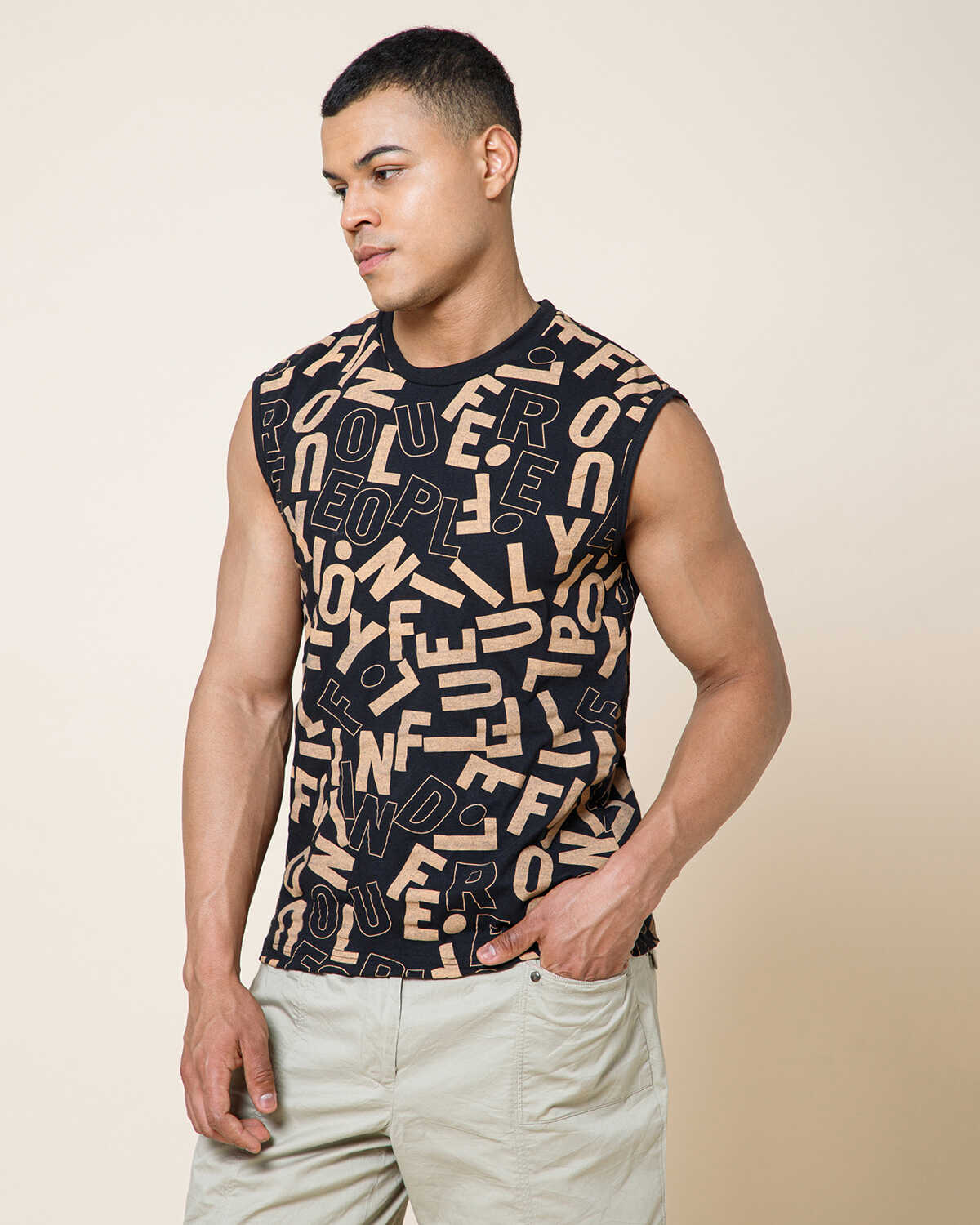 Men Printed Black Round Neck Top Vest