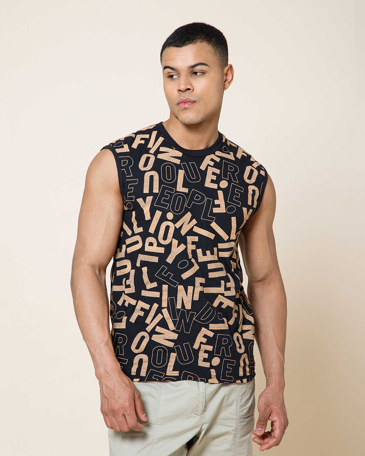 Men Printed Black Round Neck Top Vest
