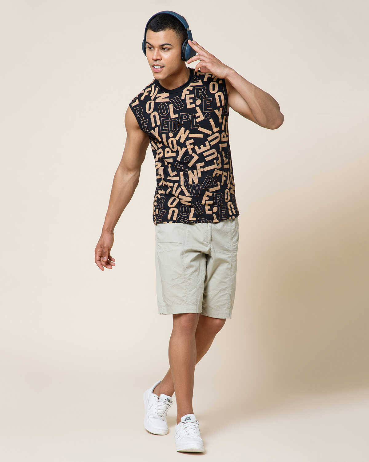 Men Printed Black Round Neck Top Vest