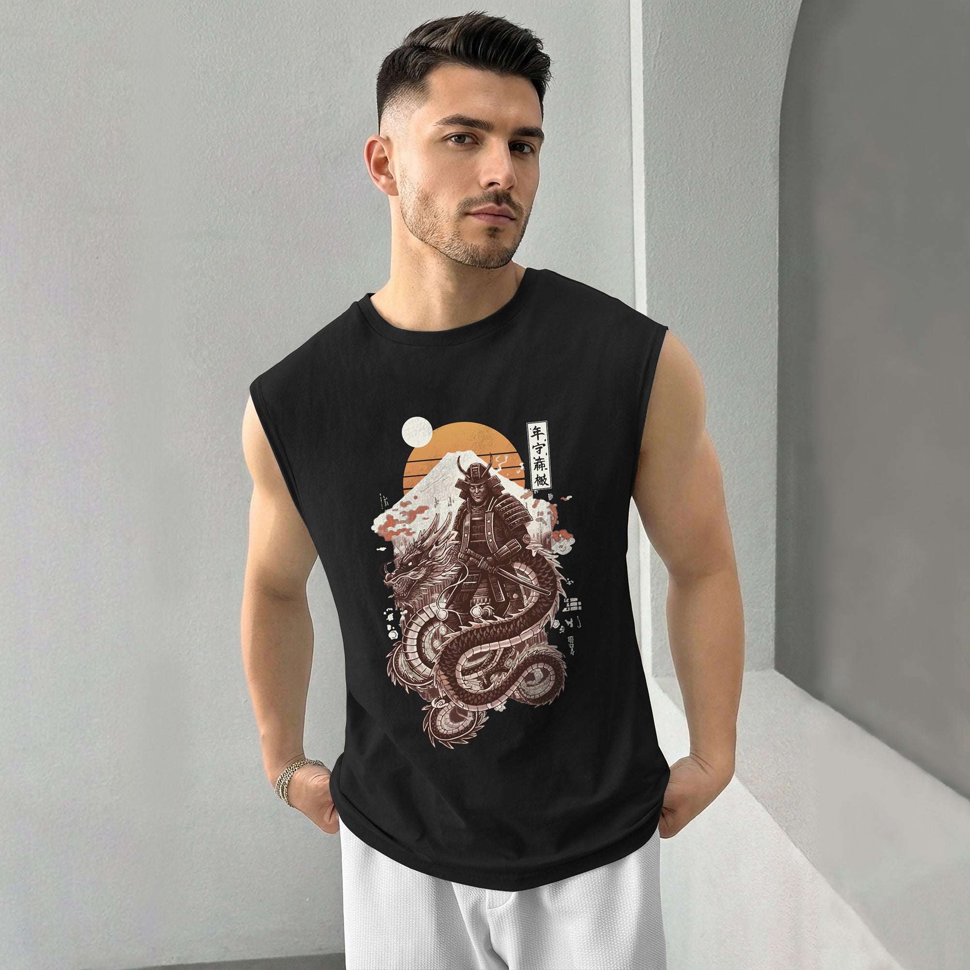 Men Samurai Printed Round Neck Vest Black