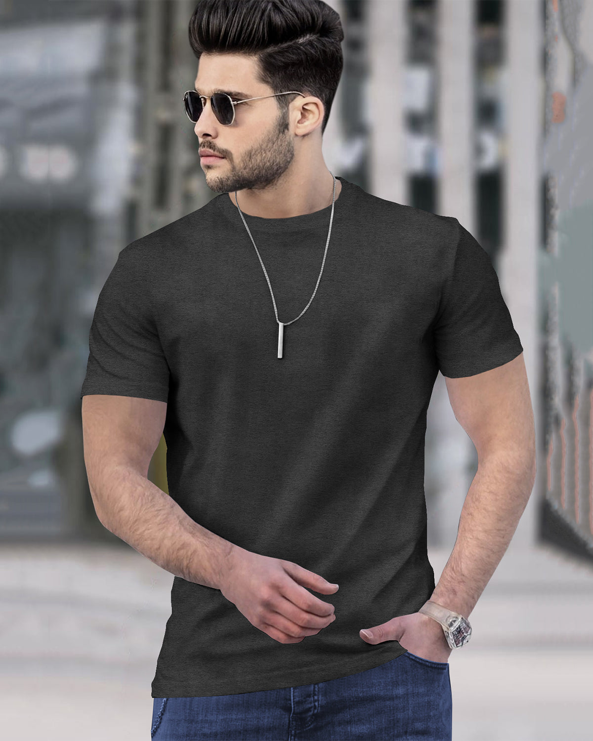 (Pack Of 1) Men Half Sleeve Round Neck Plain Charcoal Black T-shirt