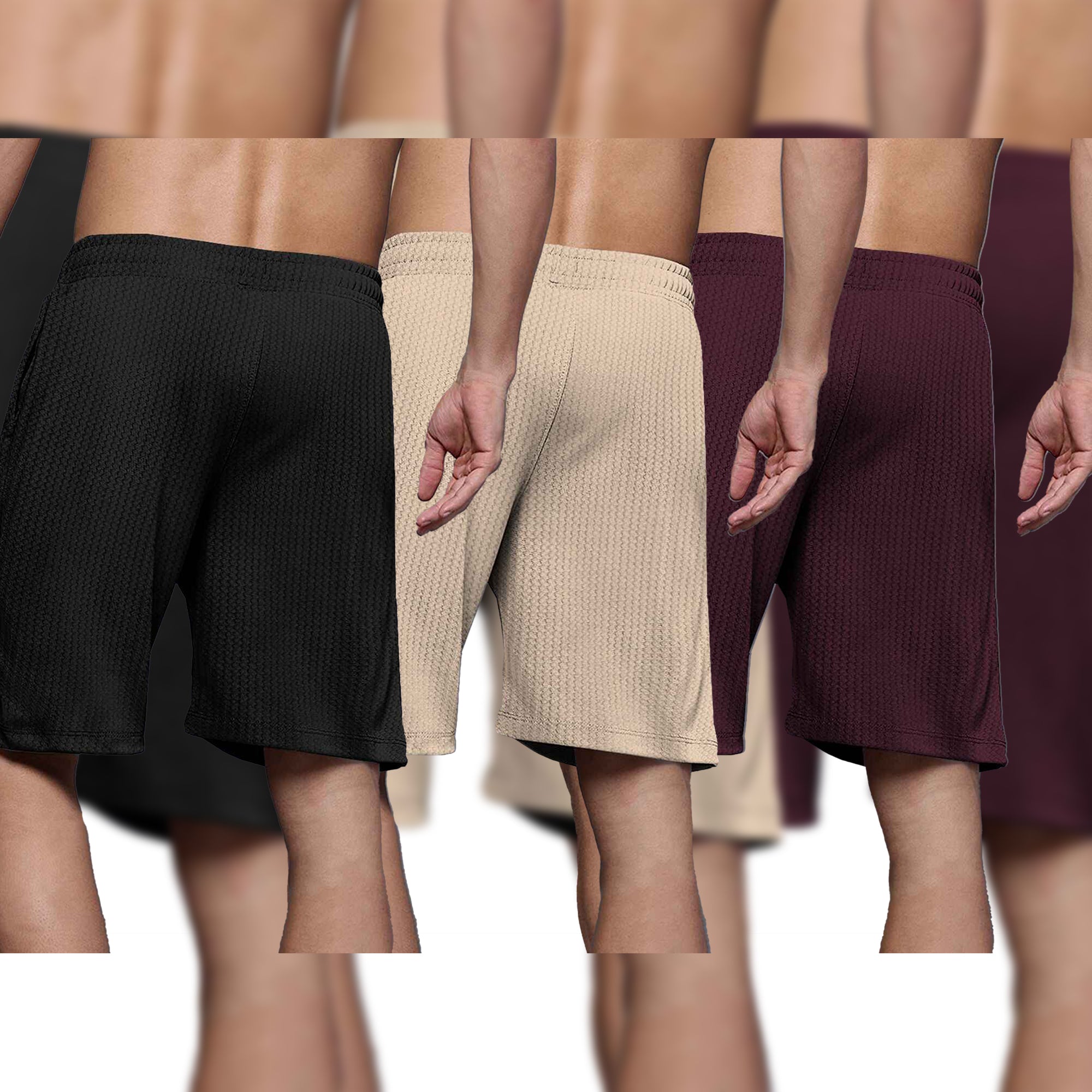 (Pack Of 3) Men Plain Black-Beige-Maroon Waffle Shorts