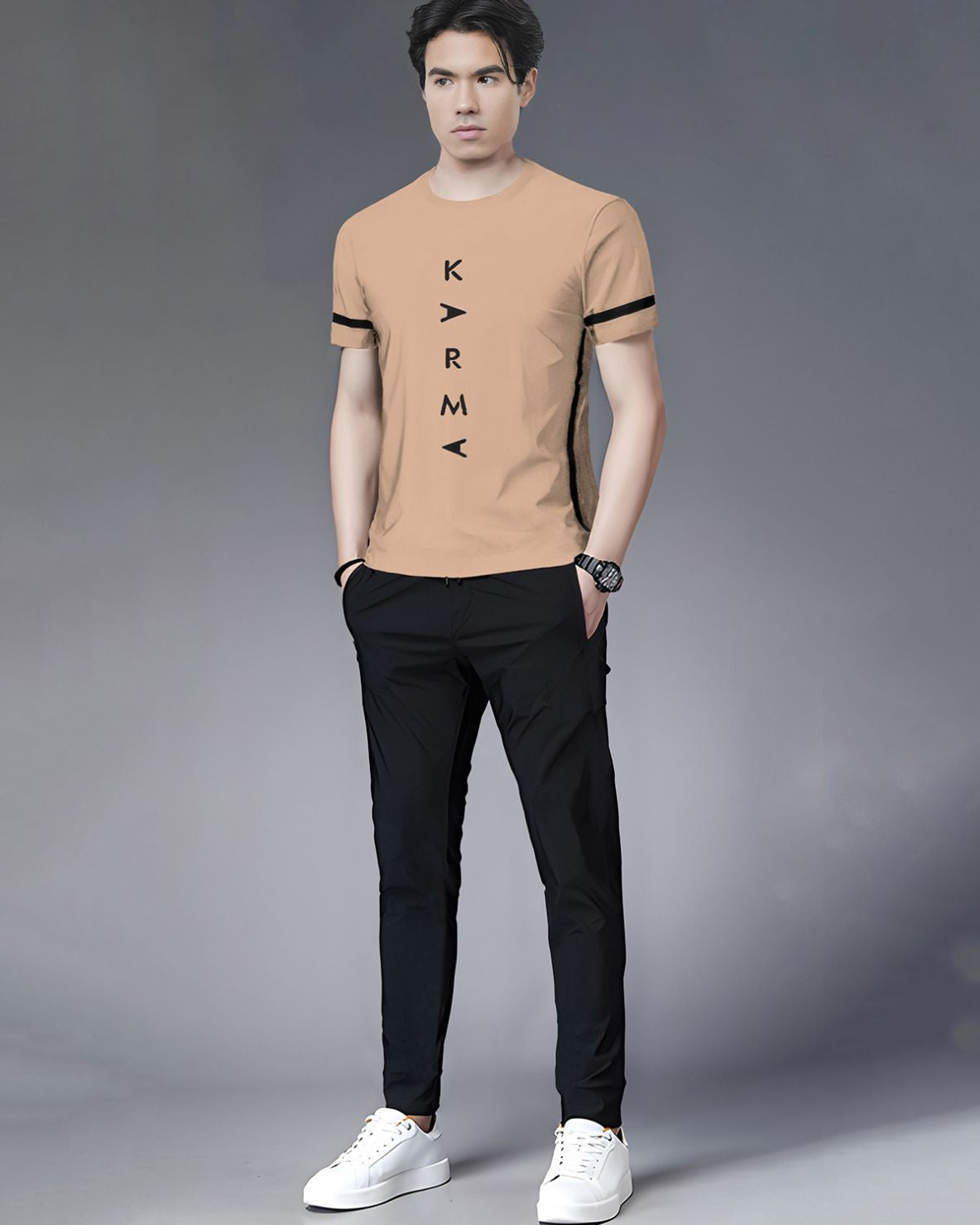 Track Suit Half Sleeve Beige Printed T-shirt with Black Plain Trackpant