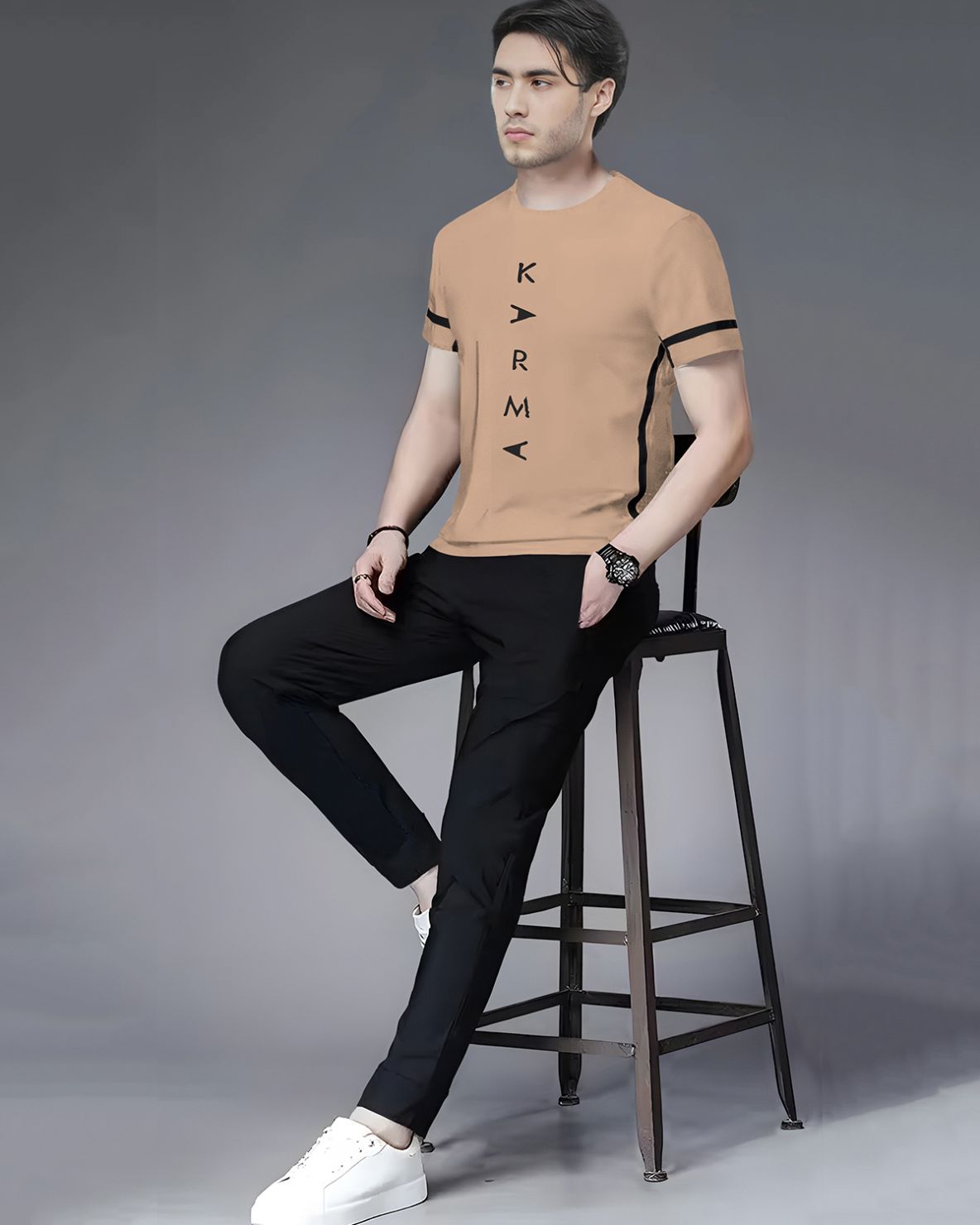 Track Suit Half Sleeve Beige Printed T-shirt with Black Plain Trackpant