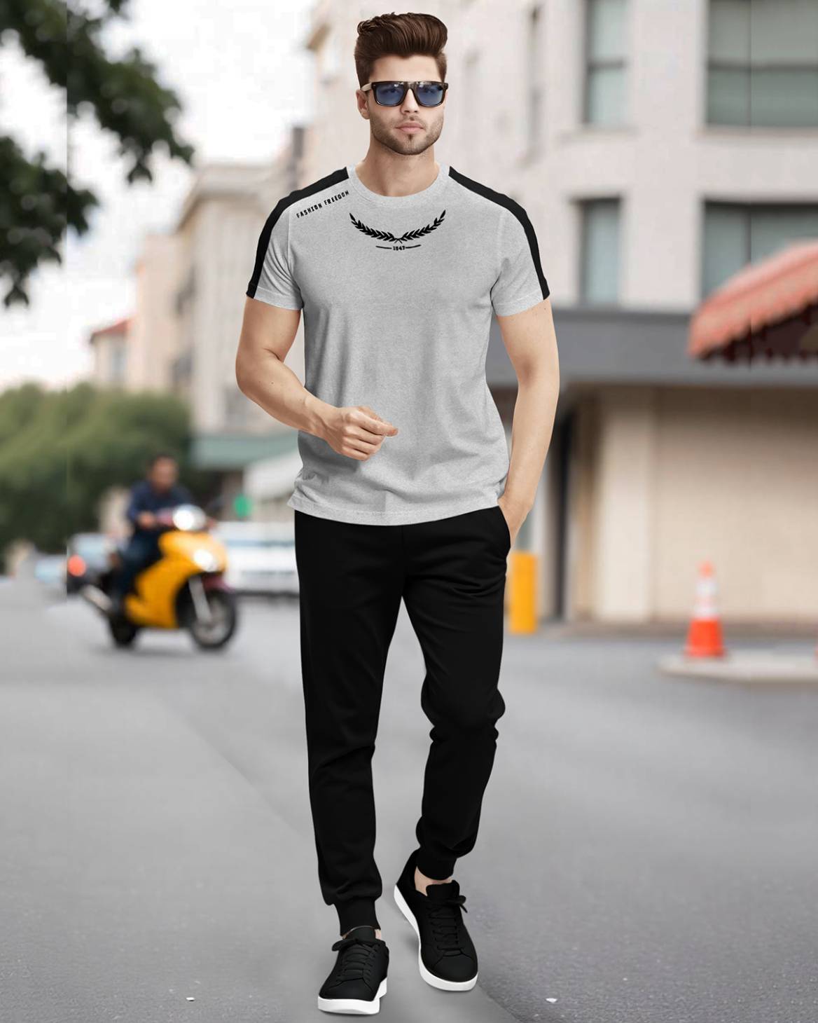 Men's Half Sleeve Colorblocked Grey Tshirt with Black Track pant