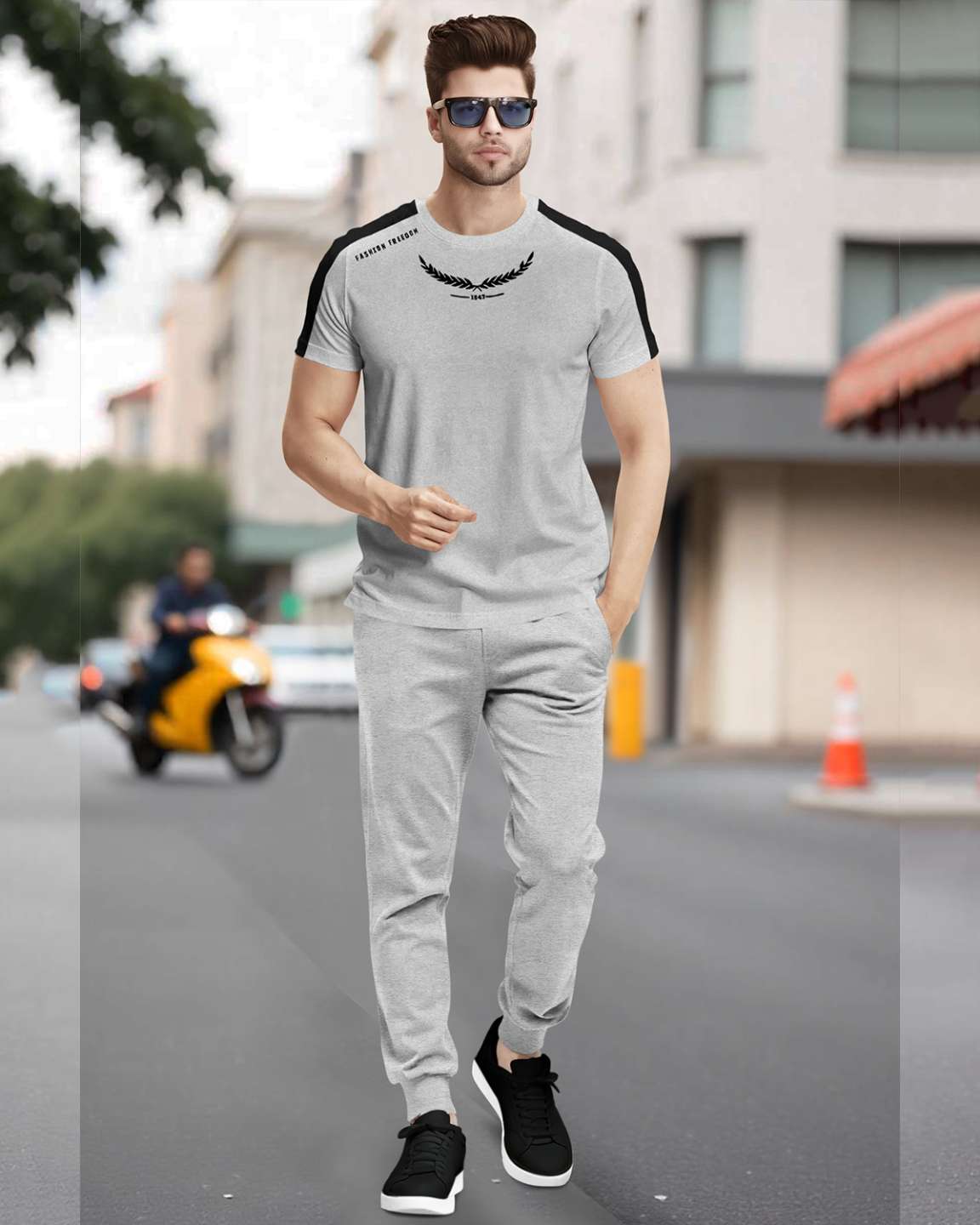 Track Suit Half Sleeve Colorblocked Grey T-shirt with Plain Grey Trackpant