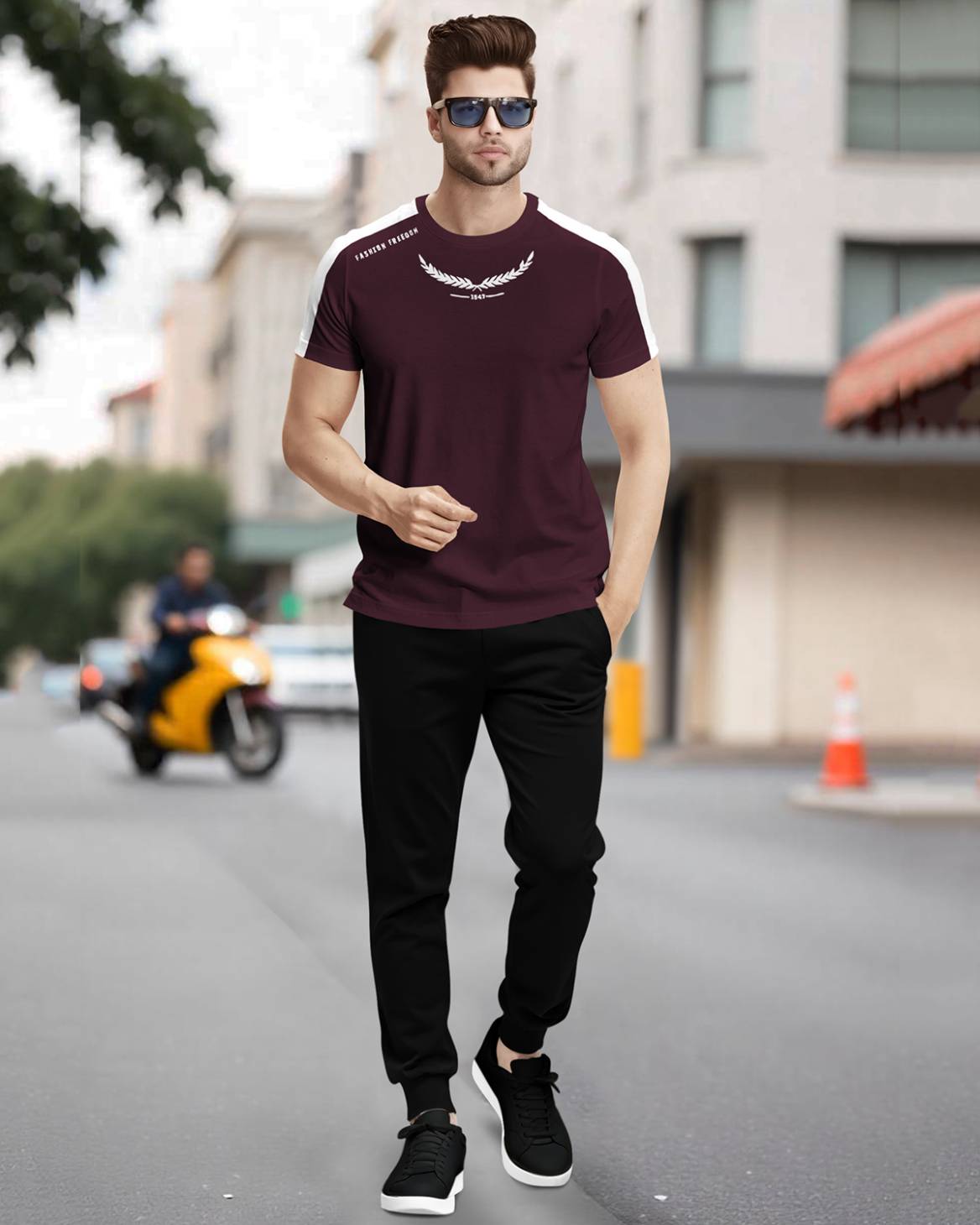 Track Suit Half Sleeve Colorblocked Maroon T-shirt with Plain Black Trackpant