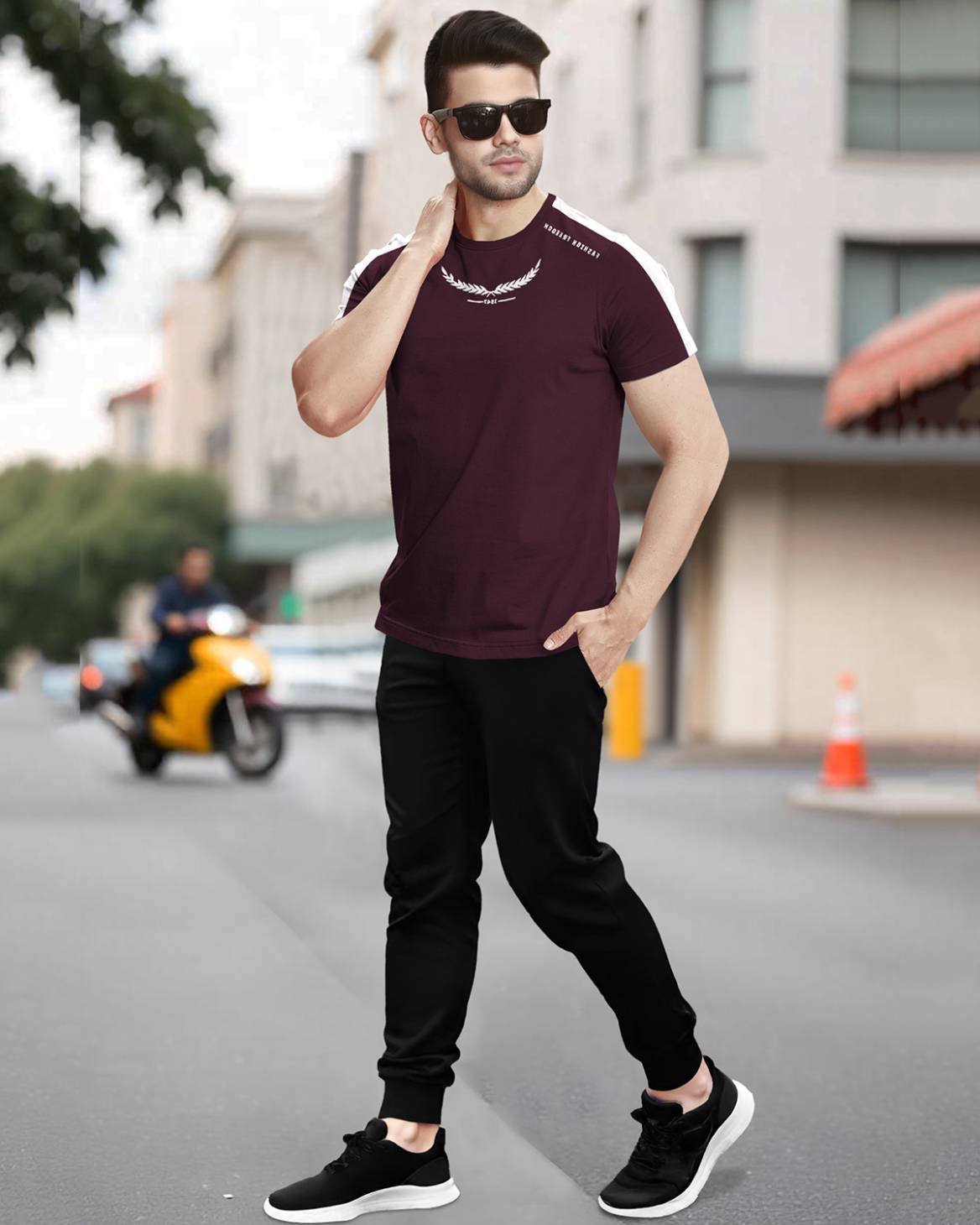 Track Suit Half Sleeve Colorblocked Maroon T-shirt with Plain Black Trackpant