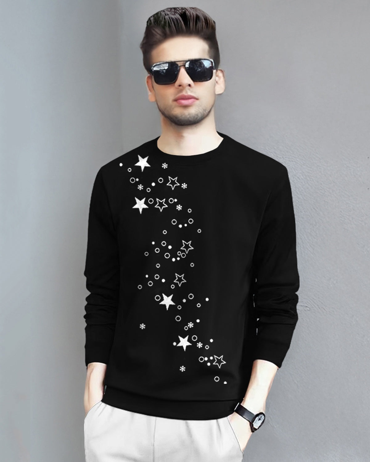 Men Full Sleeve Star Printed Round Neck Black T-Shirt
