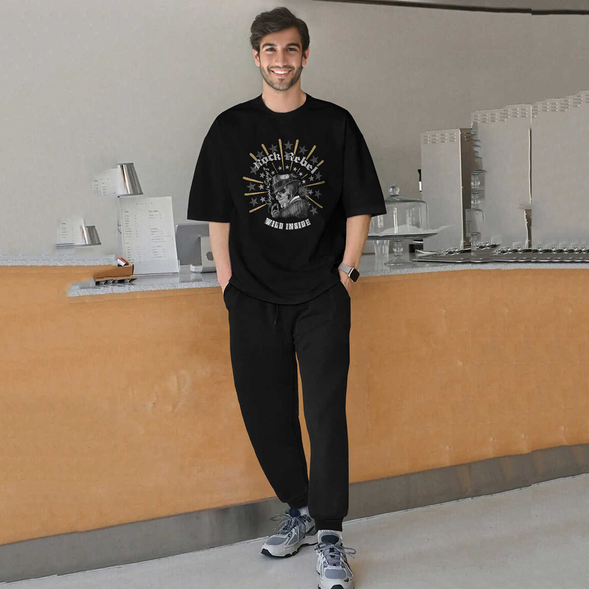 tracksuit oversized blue printed t-shirt with plain black trackpant