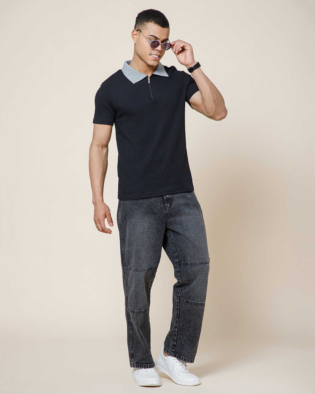 Polo Collar Black Grey Contrast Waffle Textured T-shirt