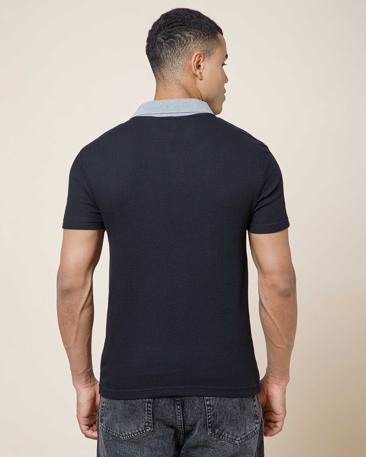 Polo Collar Black Grey Contrast Waffle Textured T-shirt