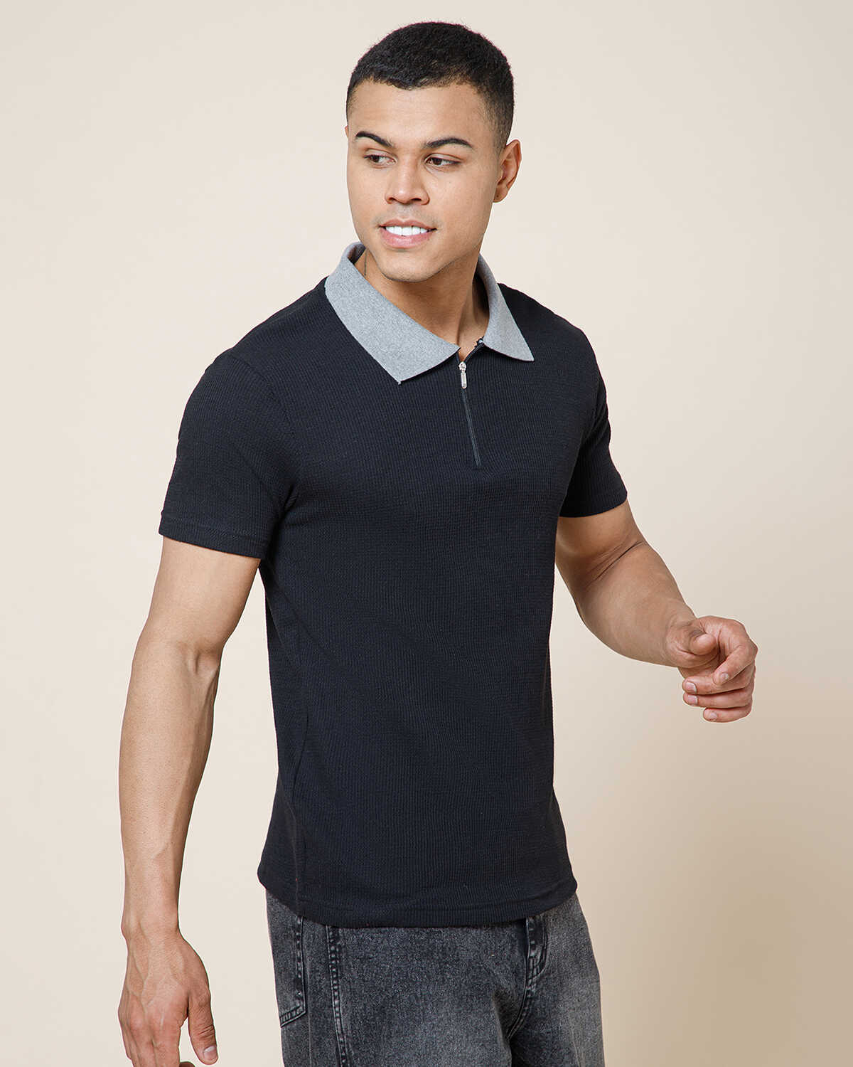Polo Collar Black Grey Contrast Waffle Textured T-shirt