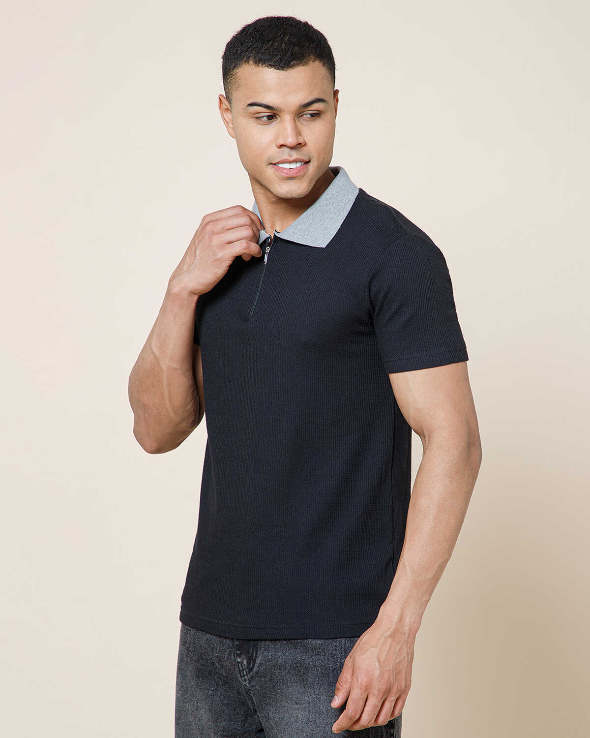Polo Collar Black Grey Contrast Waffle Textured T-shirt