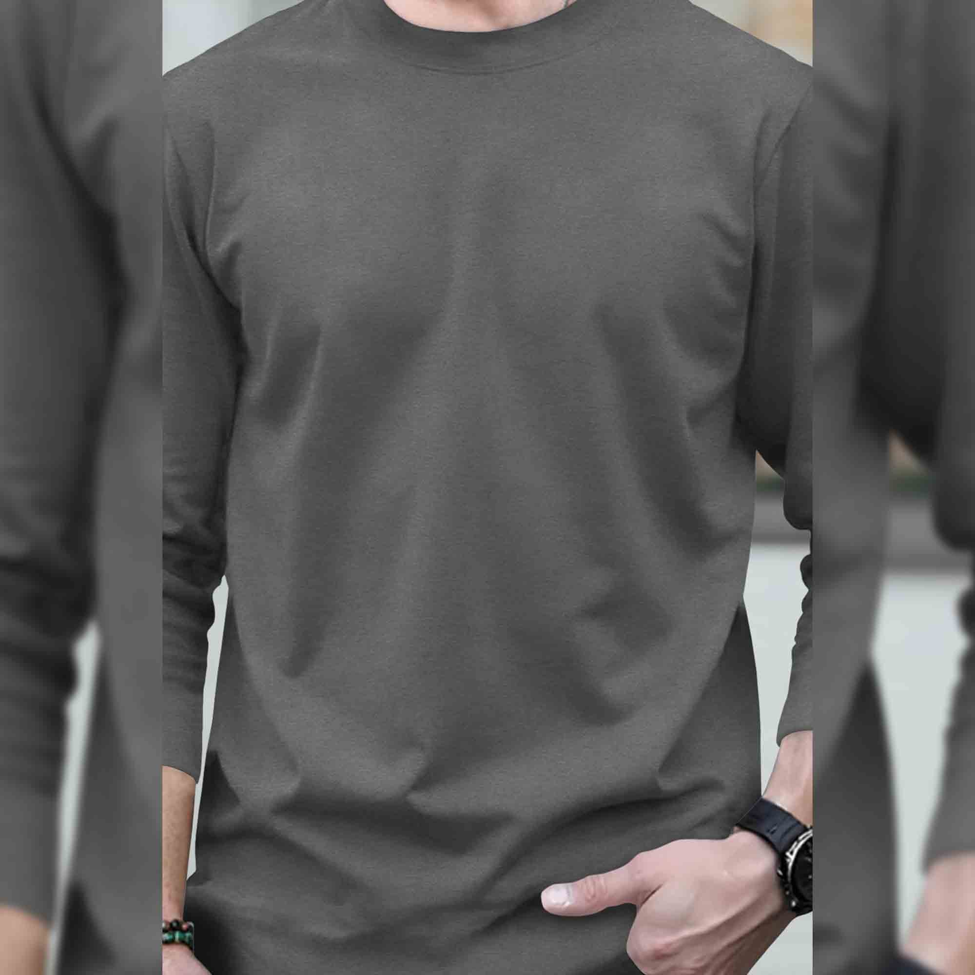 Mens Round Neck Full Sleeve Plain Dark Grey T-shirt