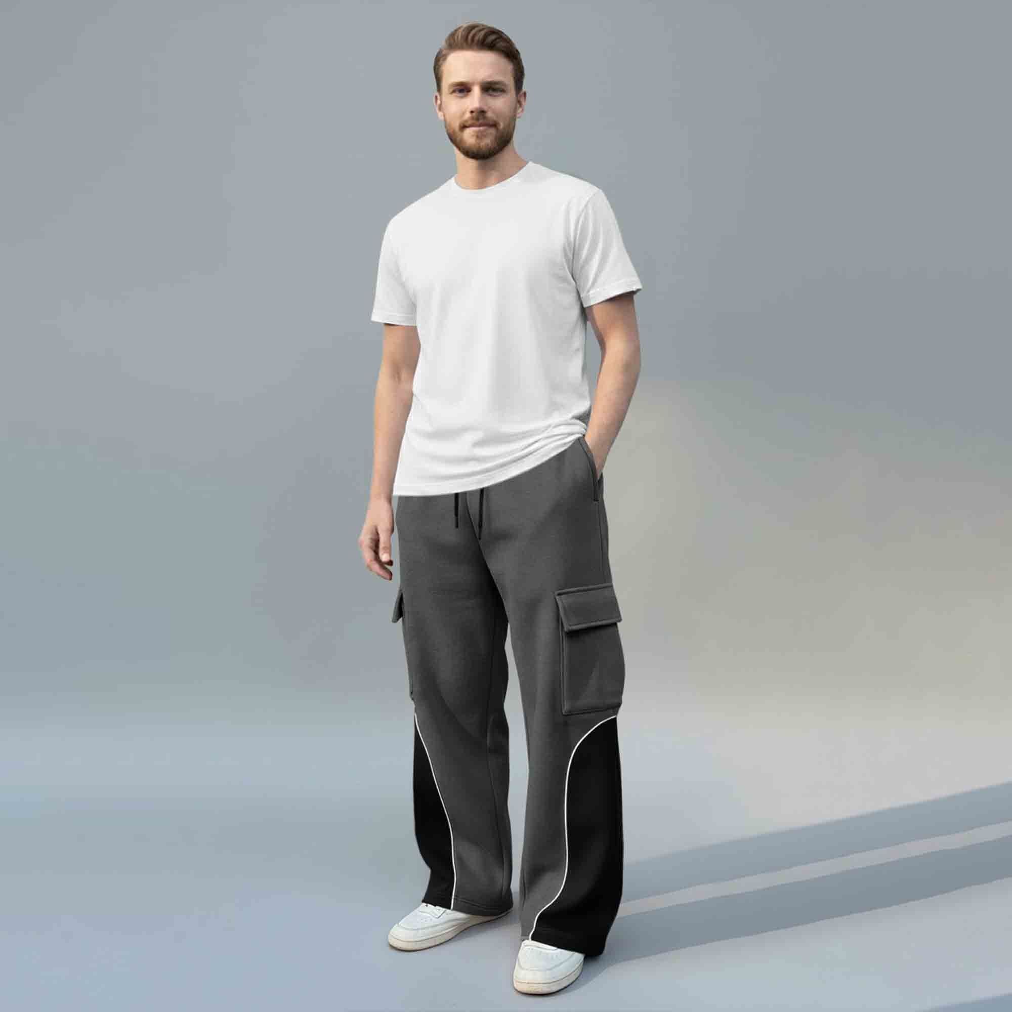 Men 4 Pockets Dual Color Baggy Cargo Pant Darkgrey & Grey