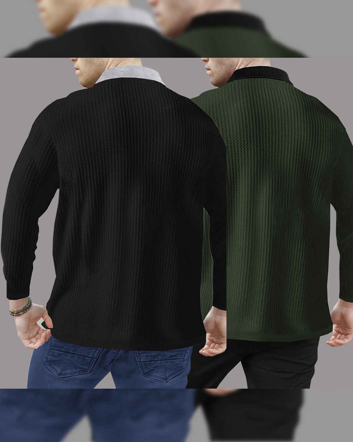 Combo of 2 Men’s Waffle Textured Black & Olivegreen Polo T-Shirts with Quarter Zip Neck – Contrast Collar Full Sleeve