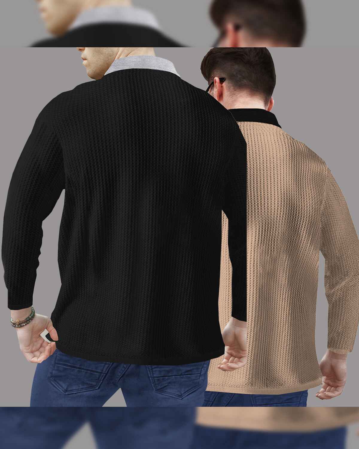 Combo of 2 Men’s Waffle Textured Black & Beige Polo T-Shirts with Quarter Zip Neck – Contrast Collar Full Sleeve