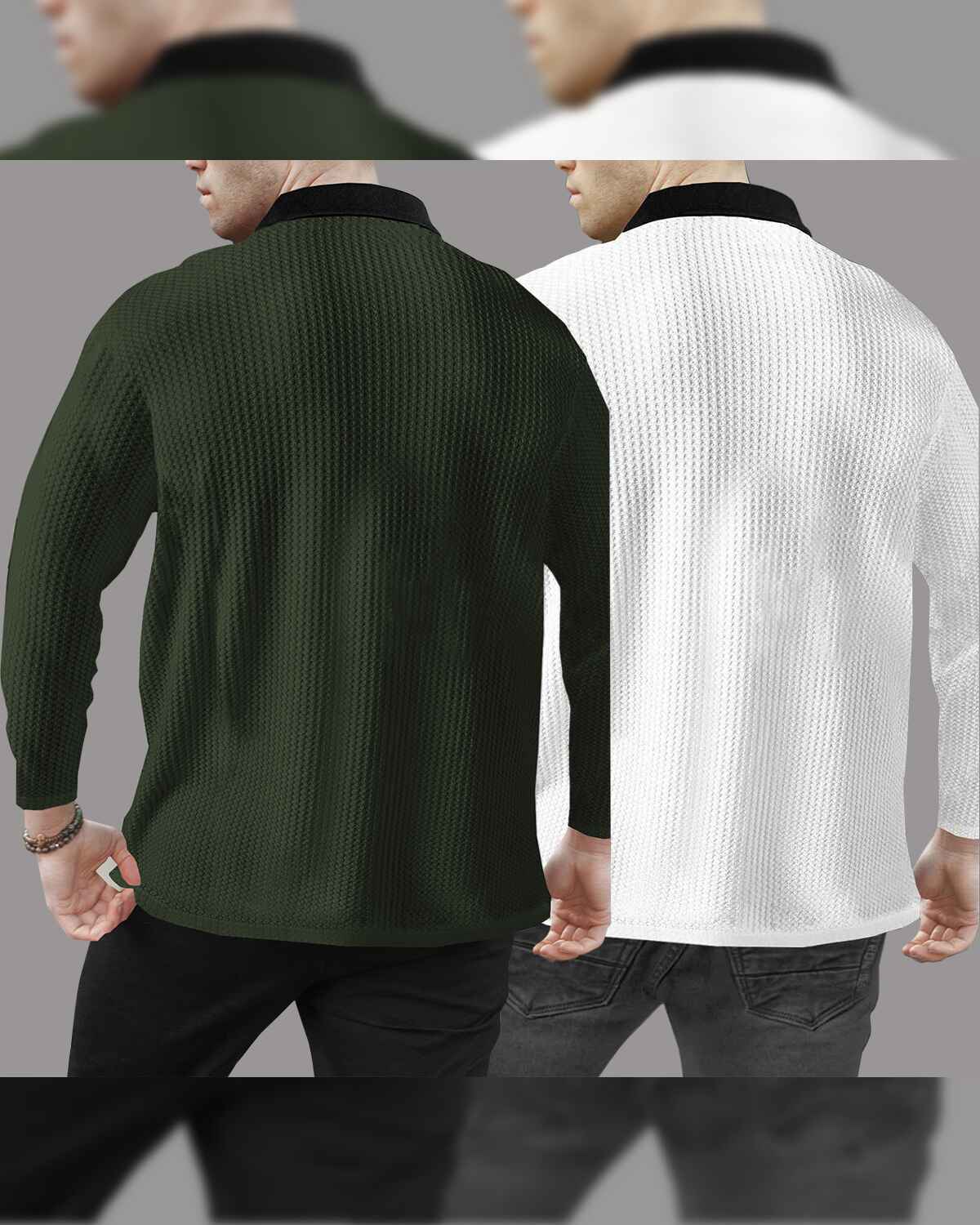 Combo of 2 Men’s Waffle Textured Olive Green & White Polo T-Shirts with Quarter Zip Neck – Contrast Collar Full Sleeve