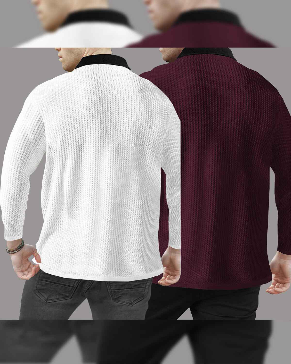 Combo of 2 Men’s Waffle Textured Olive White & Maroon Polo T-Shirts with Quarter Zip Neck – Contrast Collar Full Sleeve