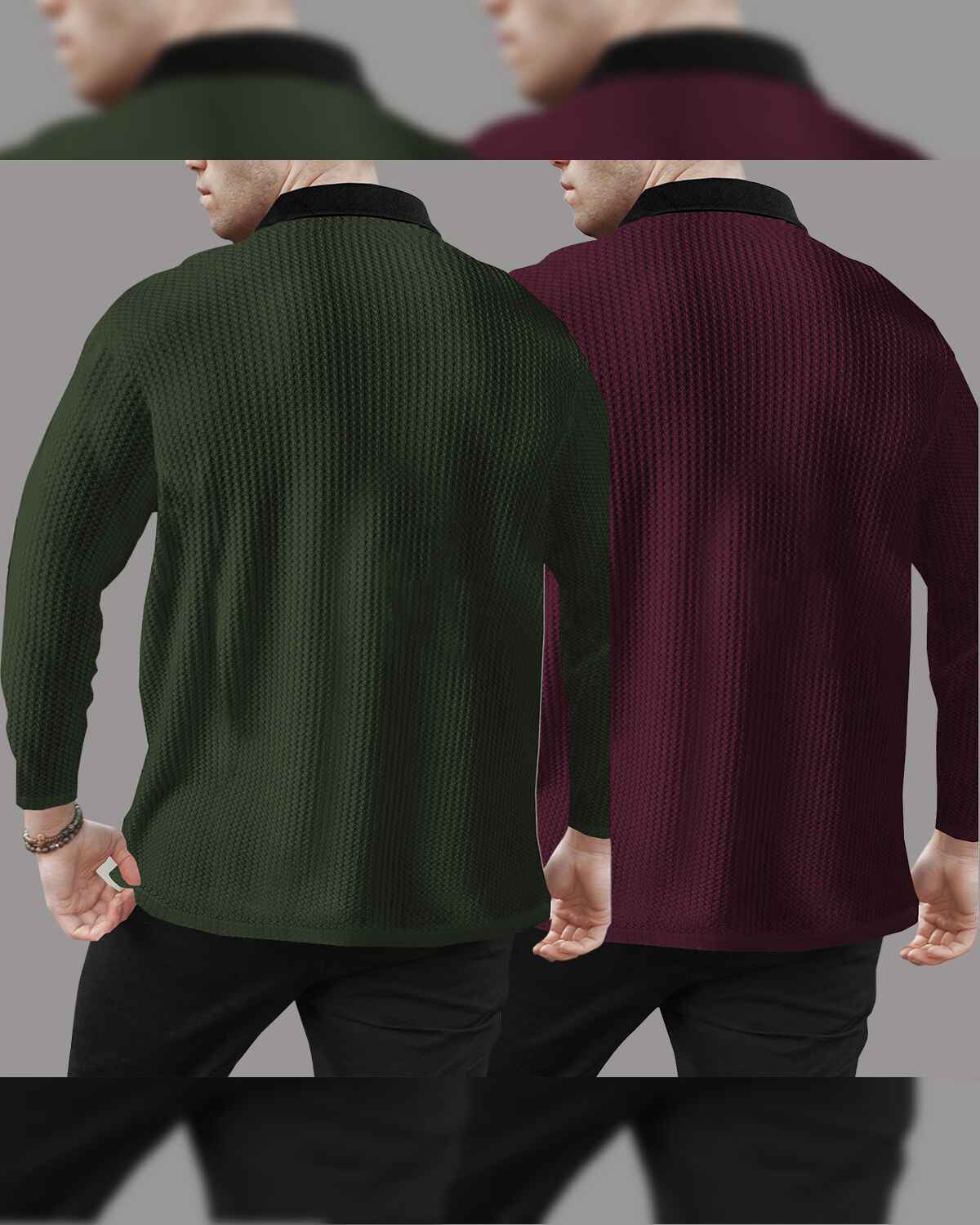 Combo of 2 Men’s Waffle Textured Olive Green & Maroon Polo T-Shirts with Quarter Zip Neck – Contrast Collar Full Sleeve